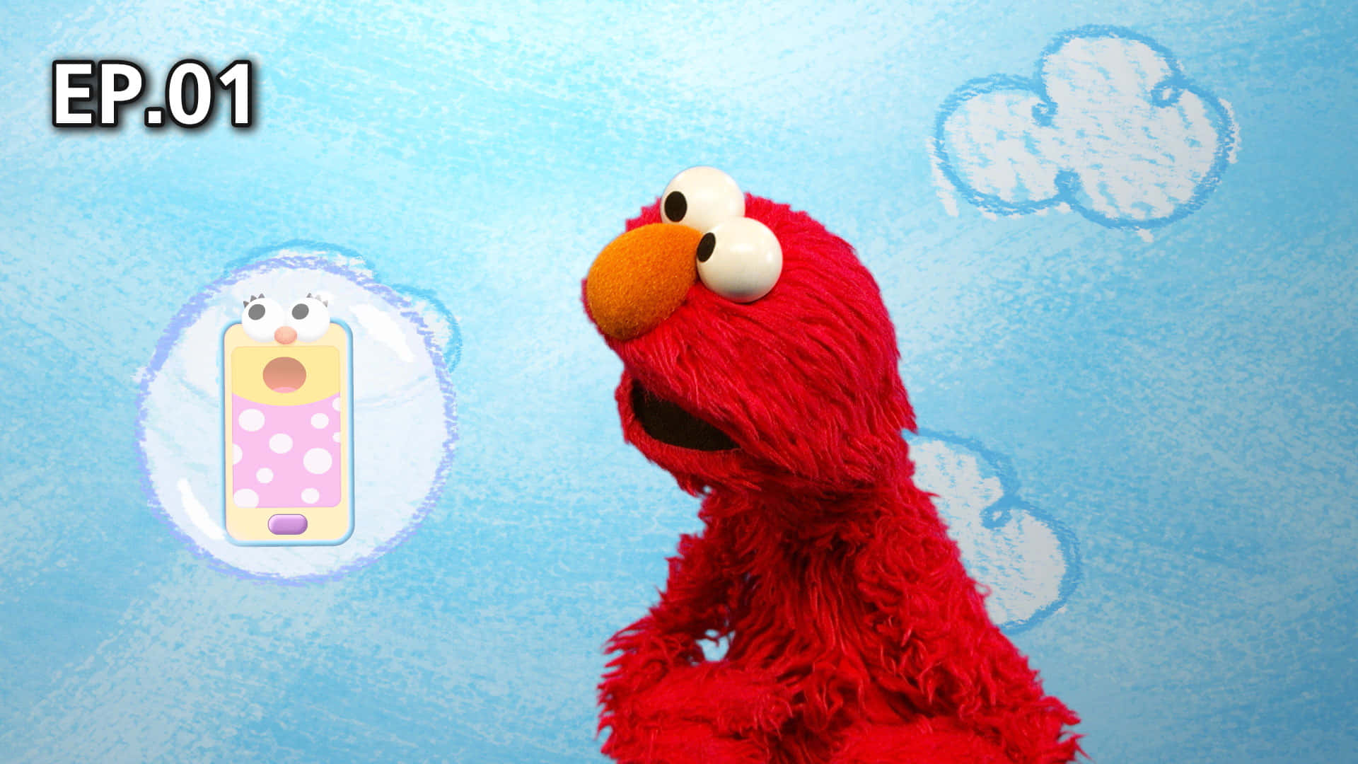 Elmo 桌布 壁紙 — Elmo 對藍色粉筆畫出的雲天背景下氣泡中的卡通電話感到驚訝。