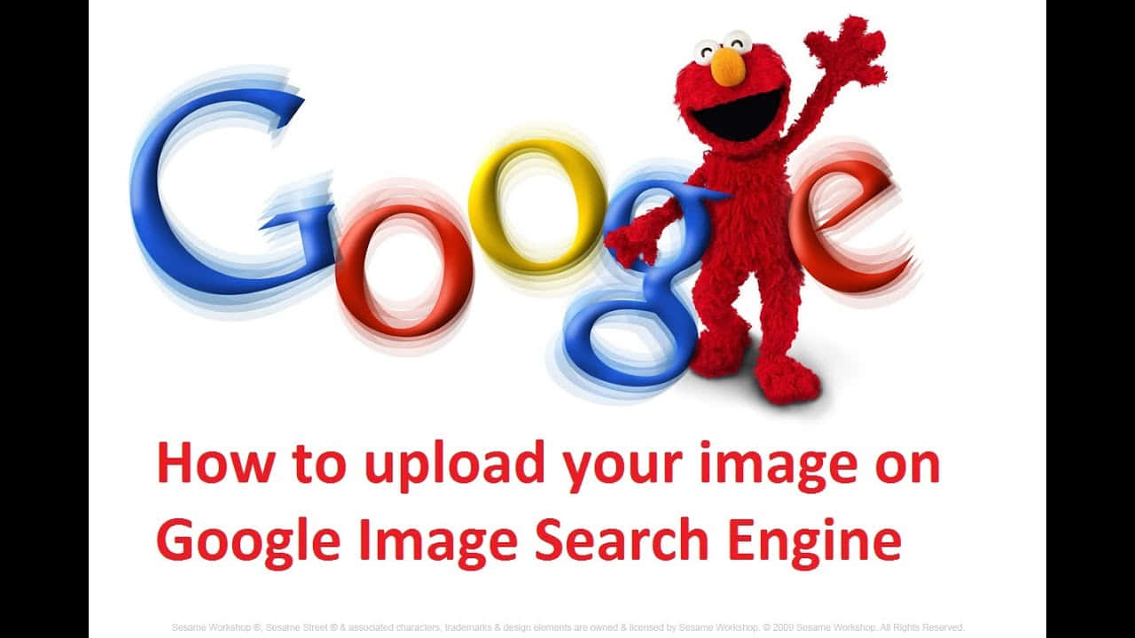 google 桌布 壁紙 — Elmo 愉快地站在色彩繽紛的 Google 標誌旁邊，下方有文字解釋如何上傳圖片。