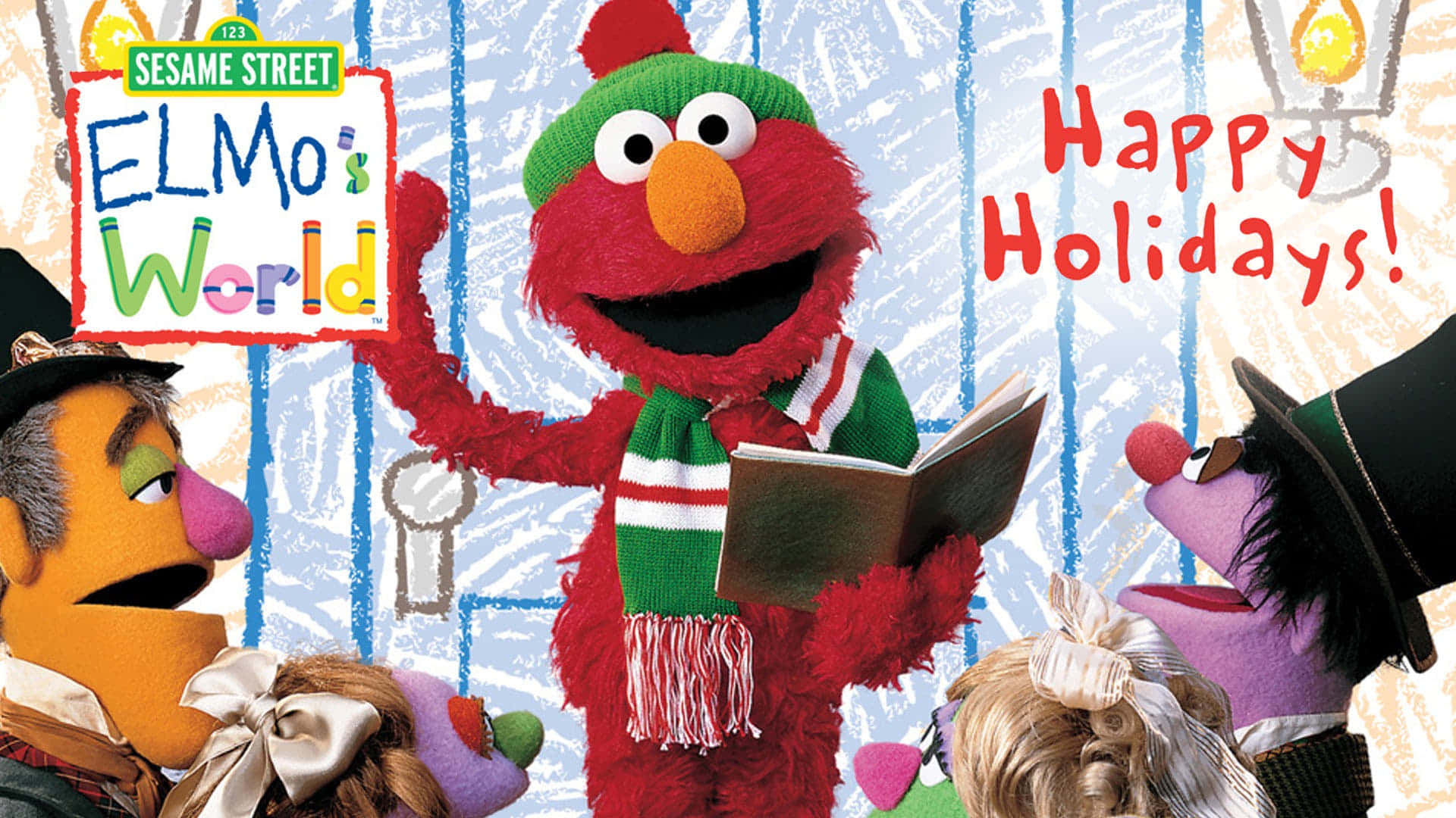 Elmo 桌布 壁紙 — Elmo 戴著節日帽子和圍巾，在芝麻街木偶的環繞下閱讀一本書，呈現歡樂的節日場景。