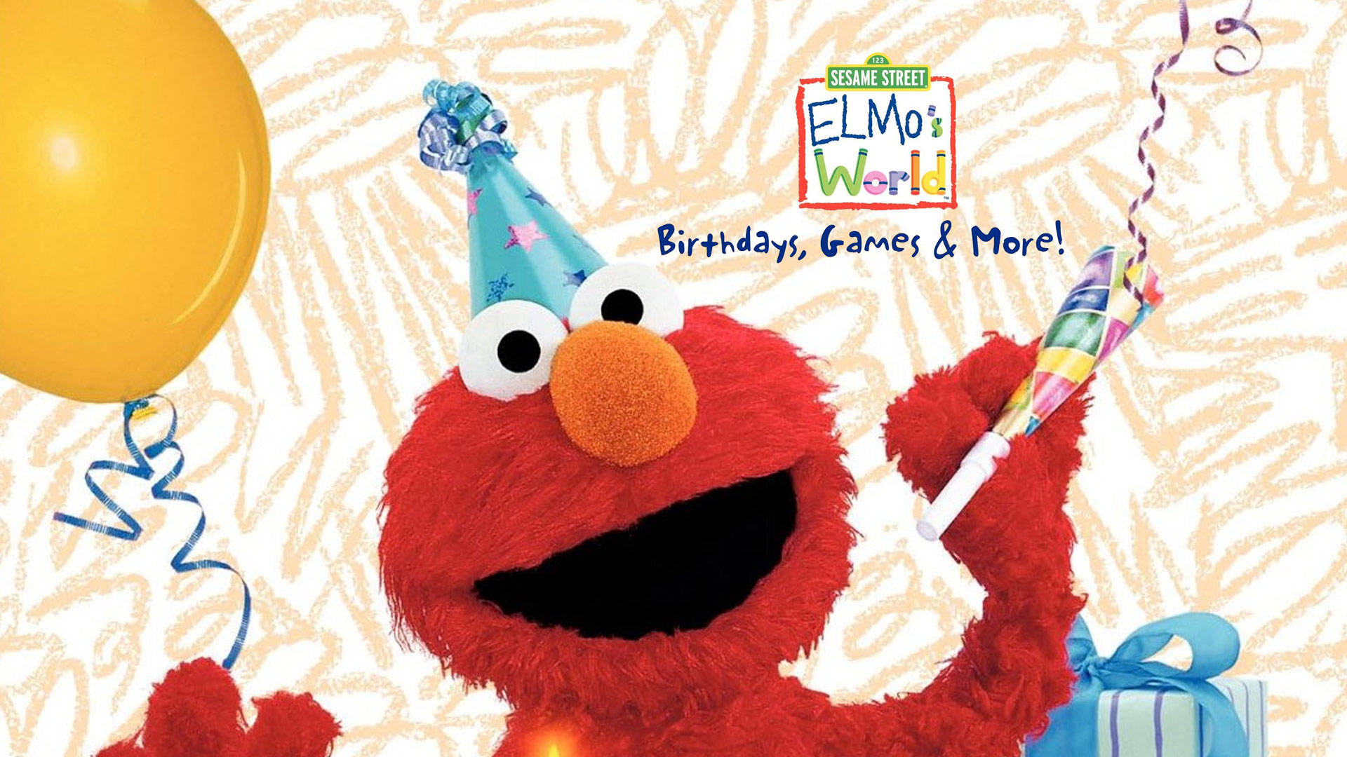 Elmo 桌布 壁紙 — Elmo 戴著藍色派對帽，在圖案背景前拿著彩色派對喇叭，旁邊有一個黃色氣球。