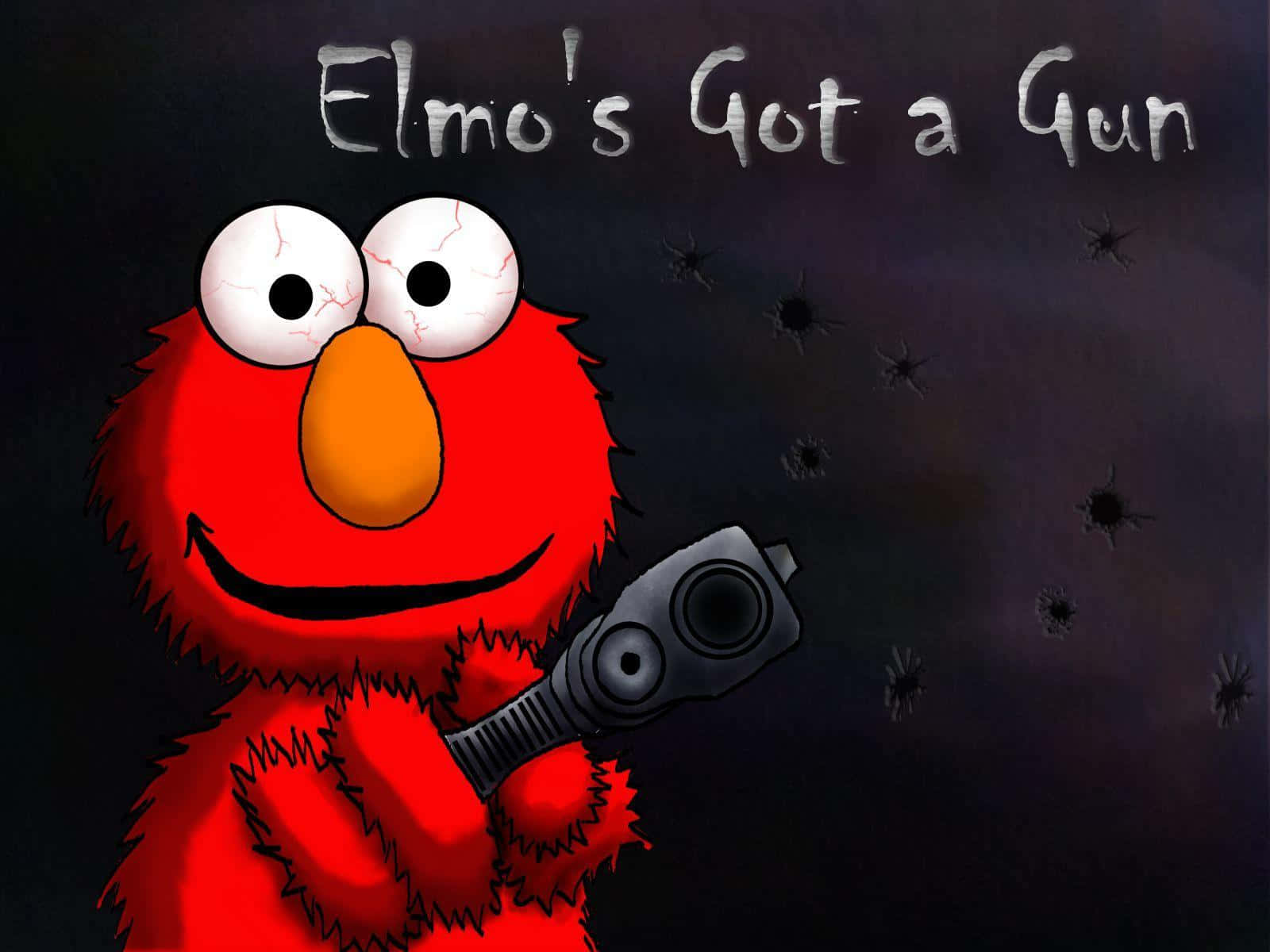 Elmo 手持槍枝，眼睛裂開，背景是佈滿彈孔的牆壁。 — 槍枝 GIF 壁紙