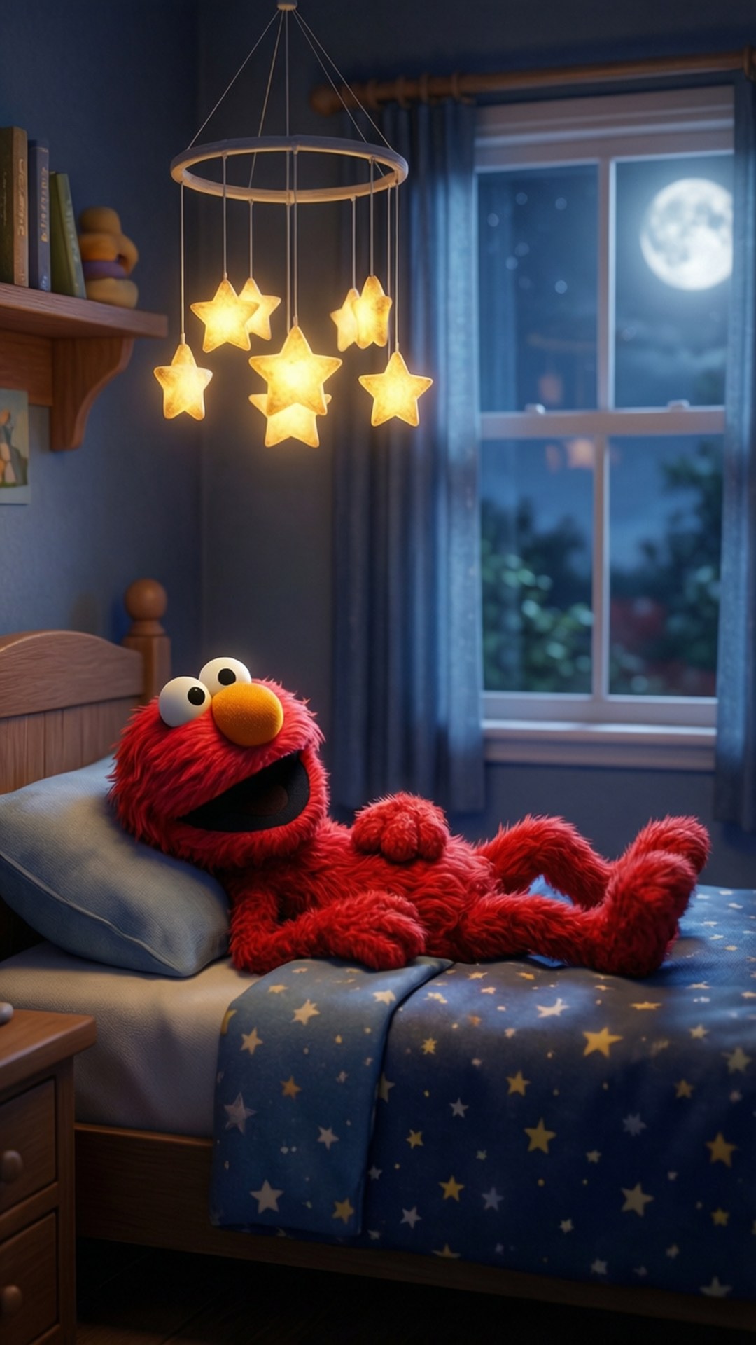 Elmo 的臥室夢境 壁紙 — Elmo 躺在星星圖案的床上，閃爍的星形燈光下，滿月透過窗戶照射進來。