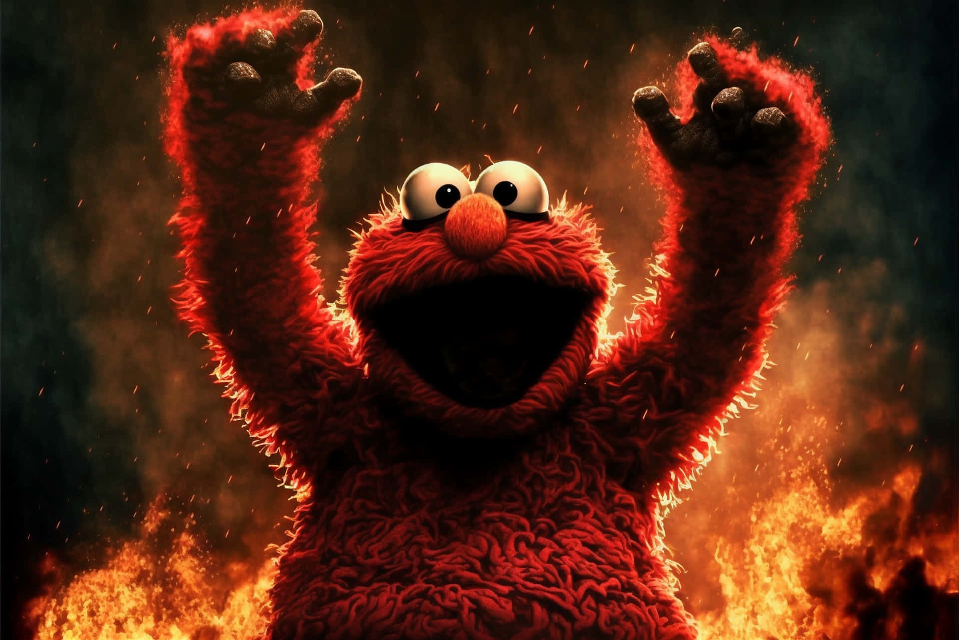 Elmo 桌布 壁紙 — Elmo 高舉雙臂，勝利地站在熊熊烈火之中，場面戲劇性十足。