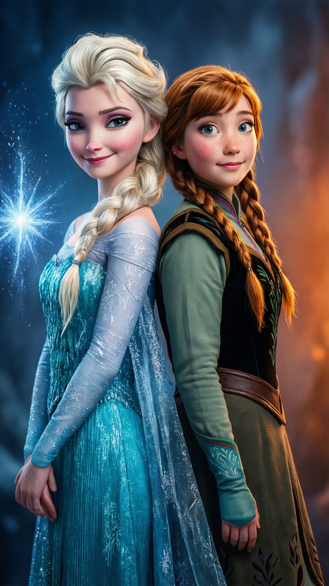 Sisters United Poster 壁紙 — 《冰雪奇緣》的艾莎和安娜背對背站立，艾莎的冰魔法在她們旁邊發光，映襯著黑暗神秘的背景。