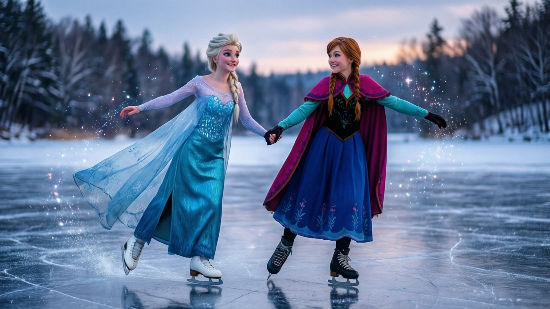 Sisters Ice Skating 壁紙 — 艾莎和安娜在黃昏時優雅地滑過冰湖，周圍是白雪覆蓋的樹木和閃爍的魔法。