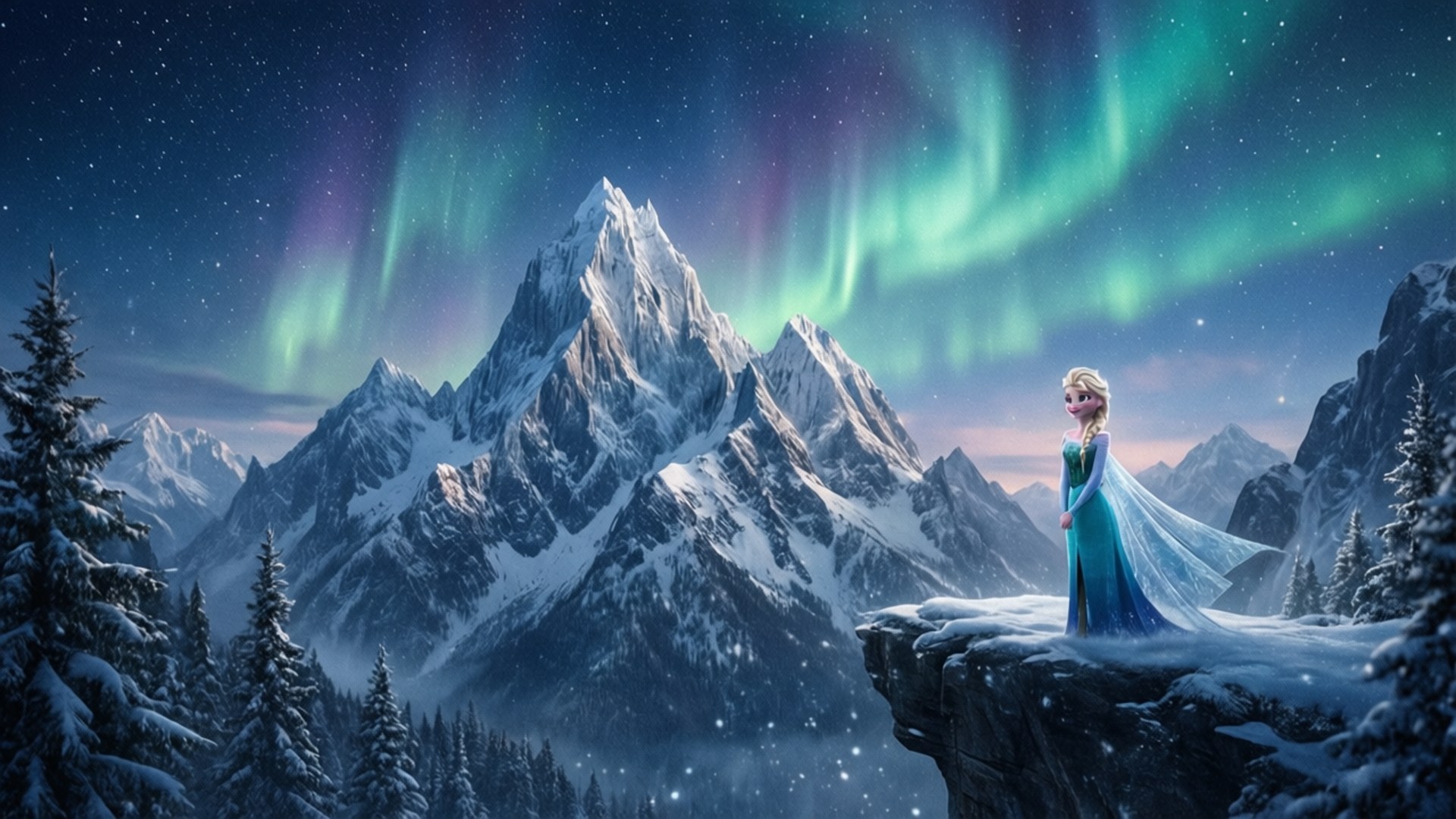 Elsa Under Aurora 壁紙 — 艾莎獨自站在雪崖上，上方是崎嶇雪山之上充滿活力的綠色和紫色極光。