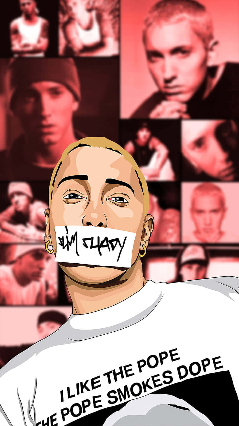 Hip Hop Rappers 桌布 壁紙 — Eminem 以 Slim Shady 形象出現的卡通插圖，嘴上貼著膠帶，襯衫上寫著「I LIKE THE POPE THE POPE SMOKES DOPE」，背景為拼貼風格。