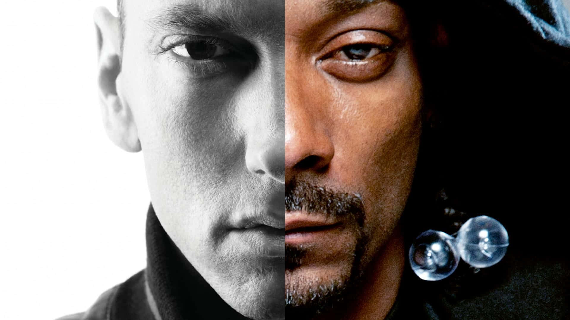 阿姆 桌布 壁紙 — Eminem 和 Snoop Dogg 的分割肖像，在深色背景上呈現強烈的黑白對比。