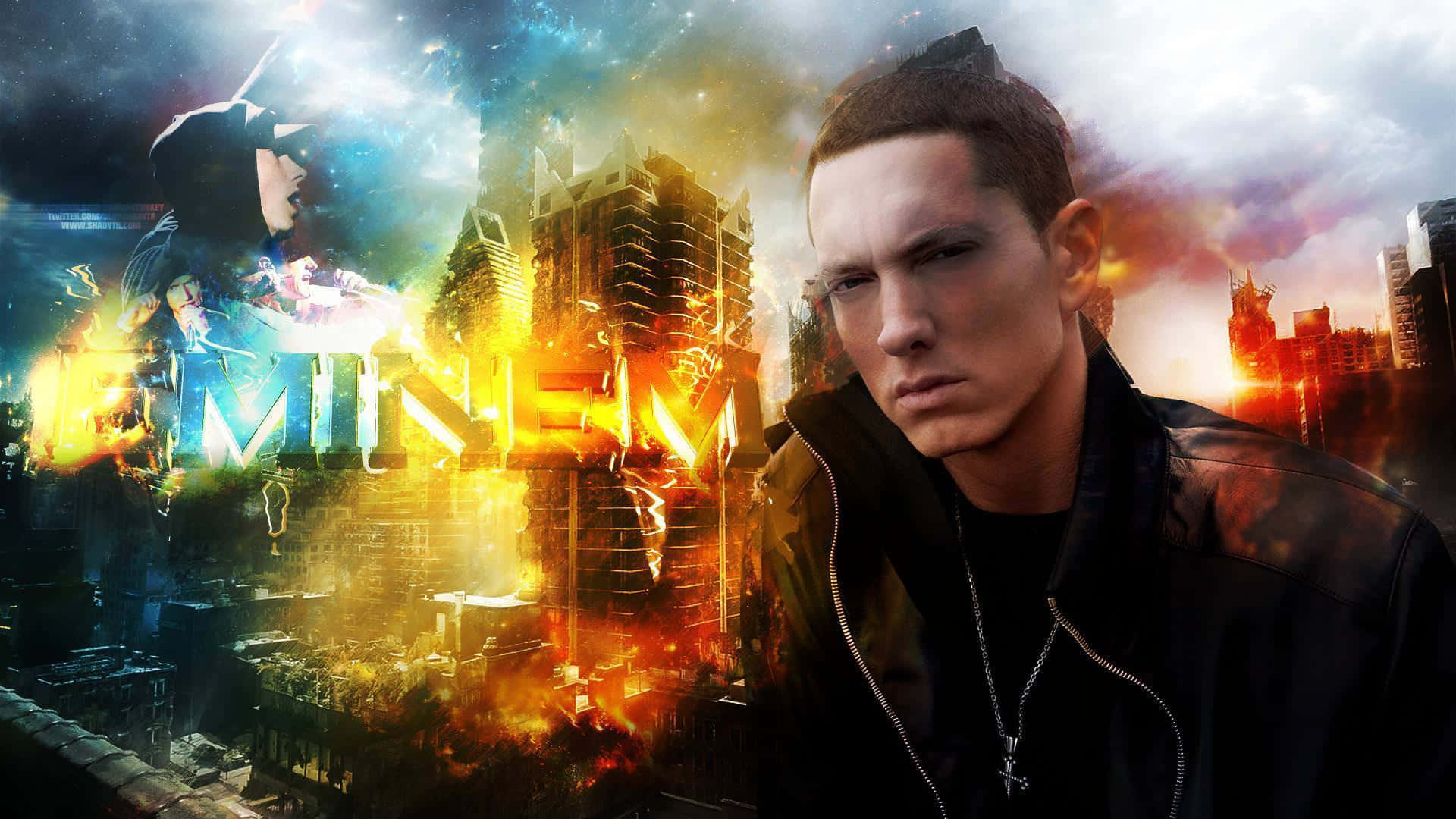 阿姆 桌布 壁紙 — Eminem 在熾熱的城市天際線中，帶著發光的霓虹燈和爆炸性能量效果，強烈地凝視著。