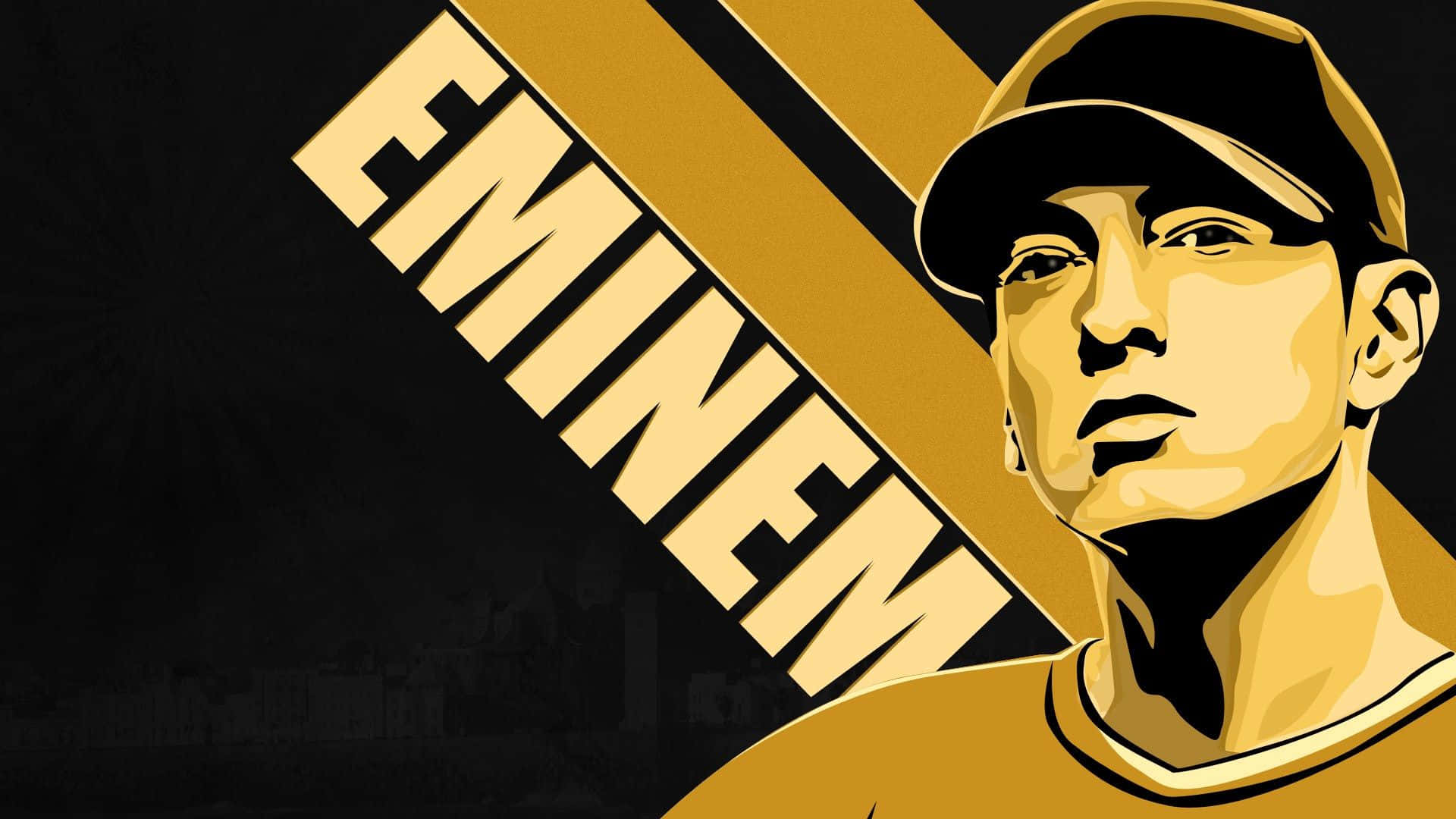 阿姆 桌布 壁紙 — Eminem 大膽的圖形肖像，金色和黑色，他的名字以粗體字母對角線穿過框架。