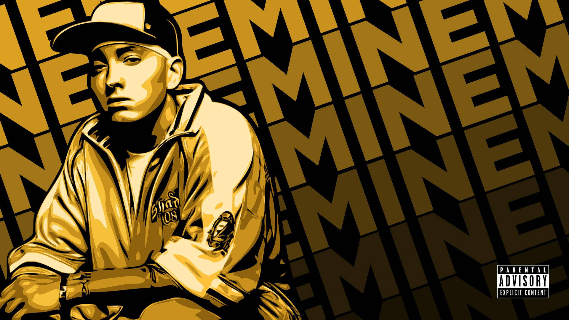 阿姆 桌布 壁紙 — Eminem 戴帽子和穿夾克的風格化插圖，背景是重複的金色和黑色「EMINEM」。