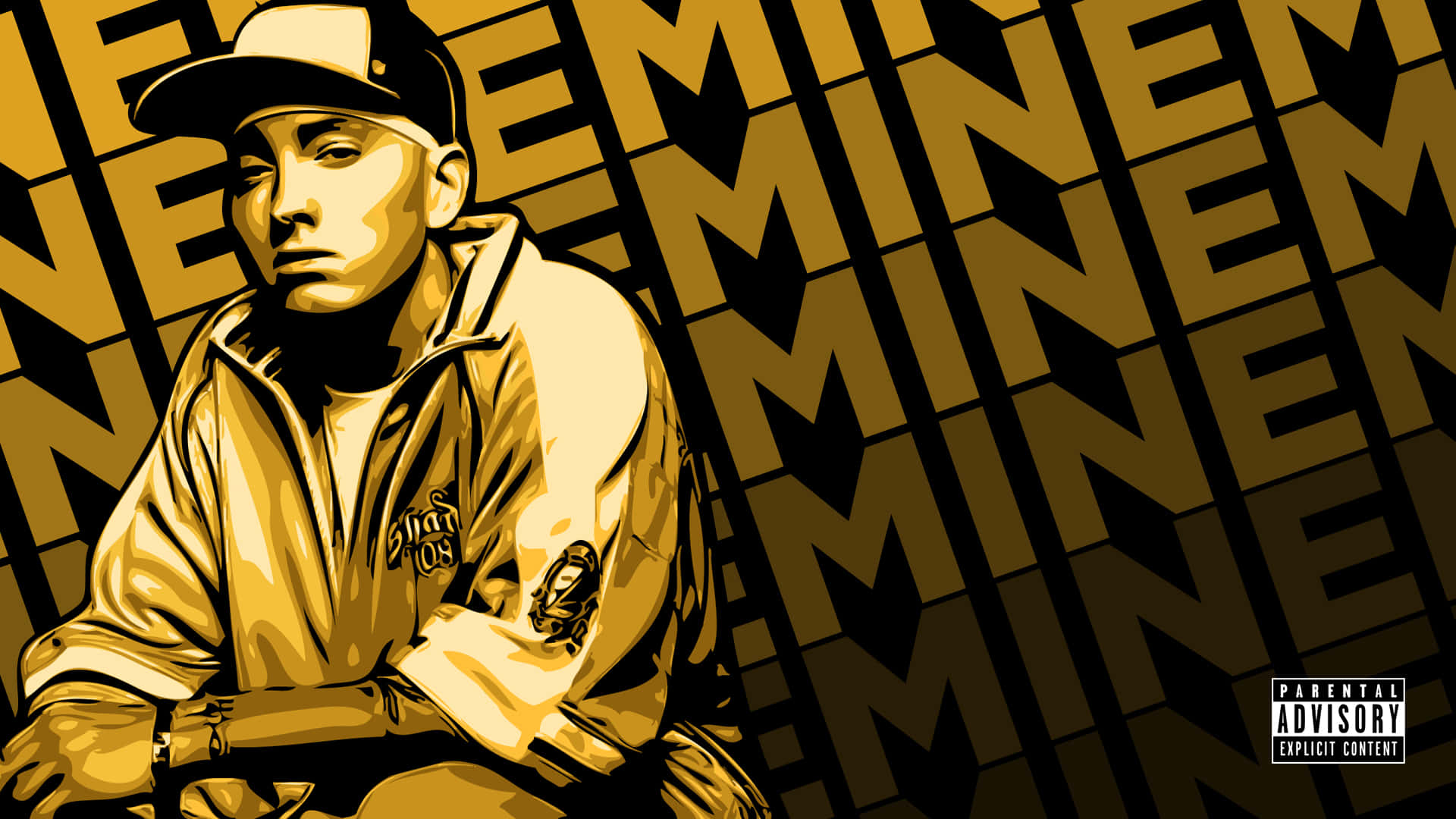阿姆 桌布 壁紙 — Eminem 戴帽穿外套的風格化插圖，背景為重複的金色和黑色「EMINEM」。