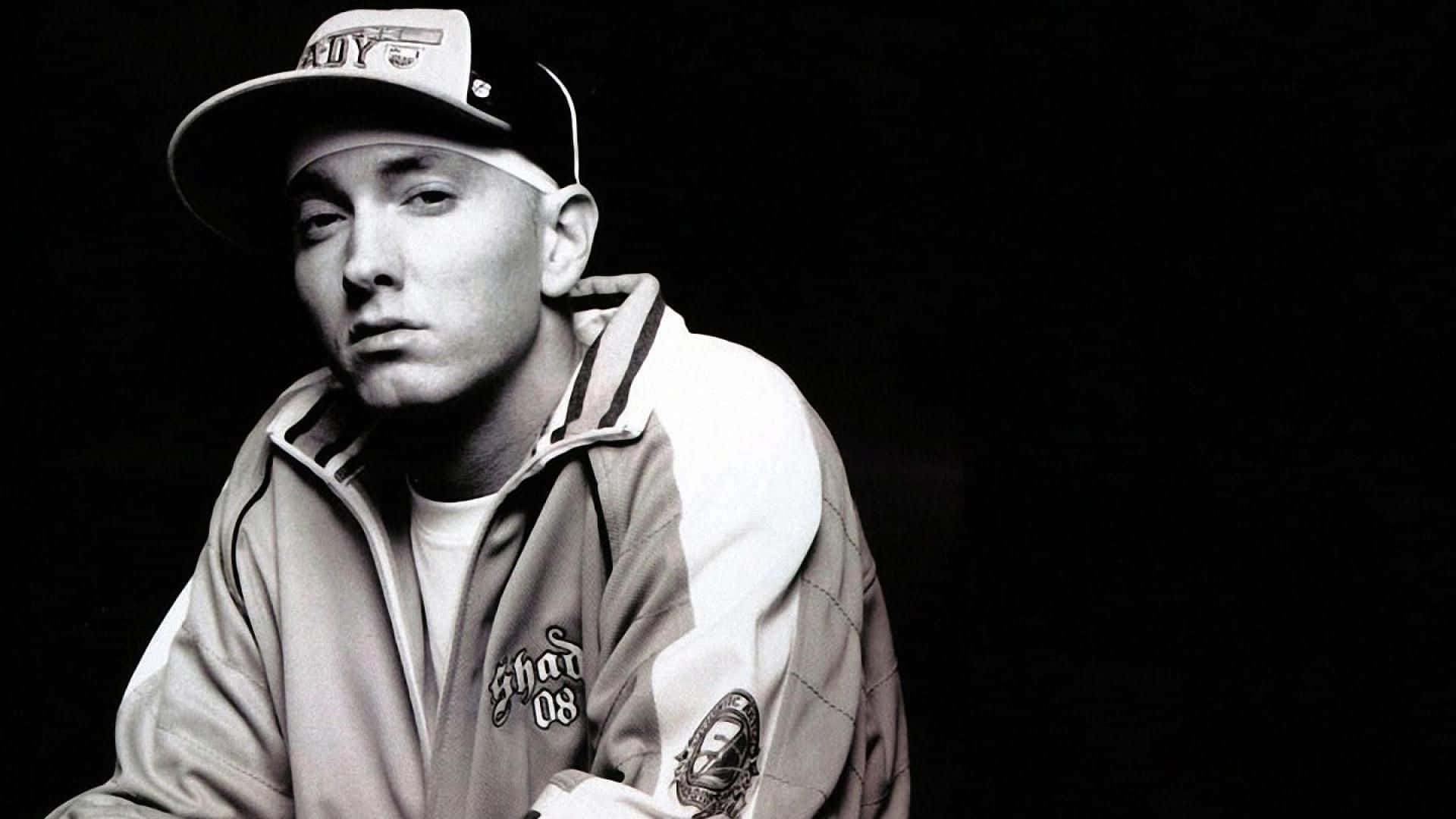 阿姆 桌布 壁紙 — Eminem 戴著帽子和外套的黑白肖像，背景是深色。