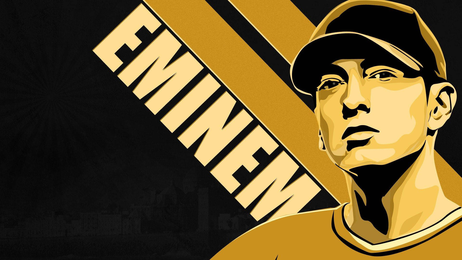 阿姆 桌布 壁紙 — Eminem 的大膽圖形肖像，金色和黑色，他的名字以大寫字母呈現。
