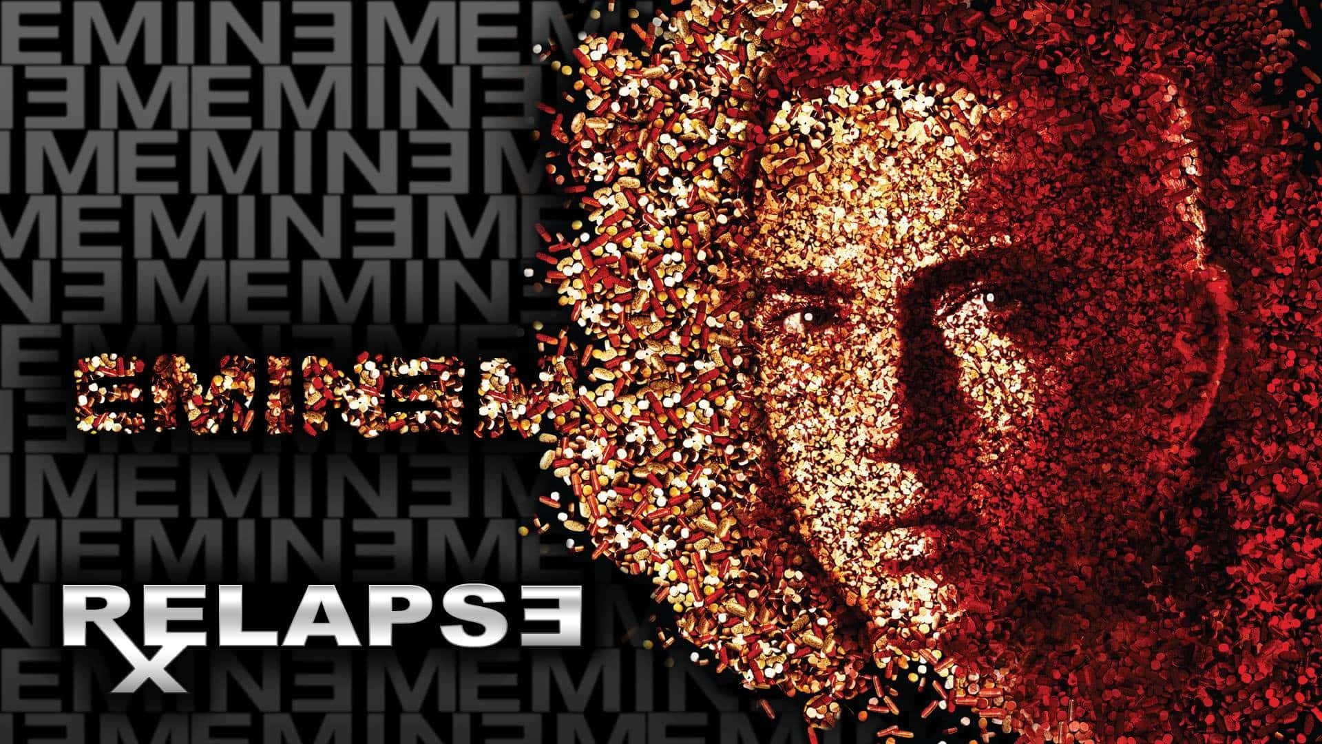 阿姆 桌布 壁紙 — Eminem 的臉由閃爍的金色和紅色粒子形成，背景為重複的灰色「EMINEM」及「RELAPSE」文字。