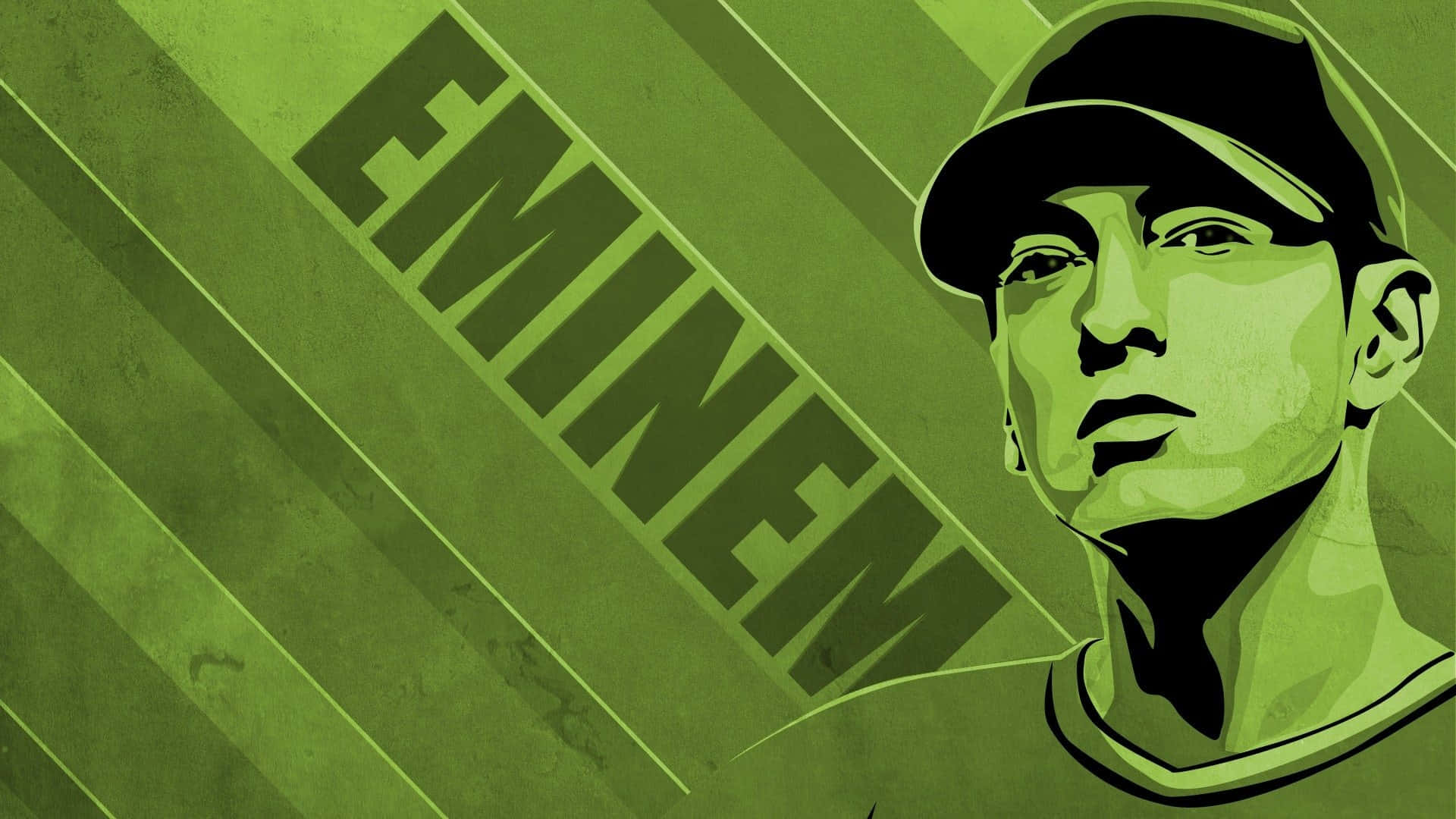 阿姆 桌布 壁紙 — Eminem 的風格化綠色插圖，戴著帽子，帶有醒目的對角線條紋，他的名字以粗體字呈現。