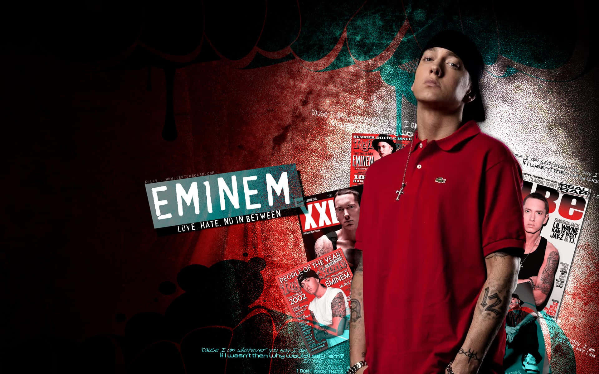 阿姆 桌布 壁紙 — Eminem 自信地穿著紅色Polo衫，站在佈滿塗鴉和其雜誌封面的牆前。