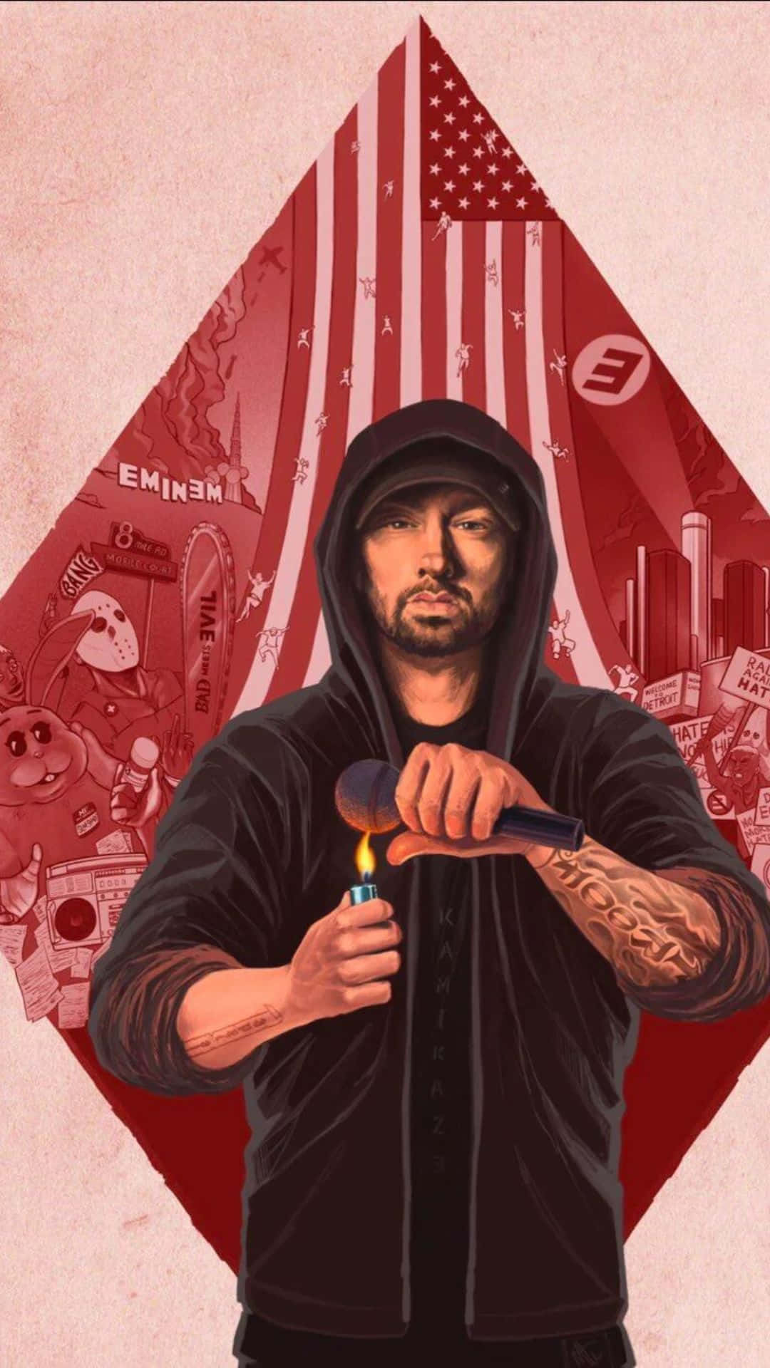 阿姆 桌布 壁紙 — Eminem 身穿黑色連帽衫，手持點燃的打火機和麥克風，背景是紅色鑽石圖案，上面有美國國旗和流行文化圖標。