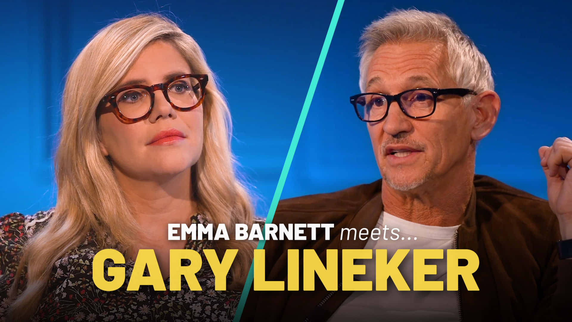 足球 桌布 壁紙 — Emma Barnett 和 Gary Lineker 在一個被青綠色對角線分割的攝影棚中面對鏡頭，並帶有粗體黃色文字疊加。
