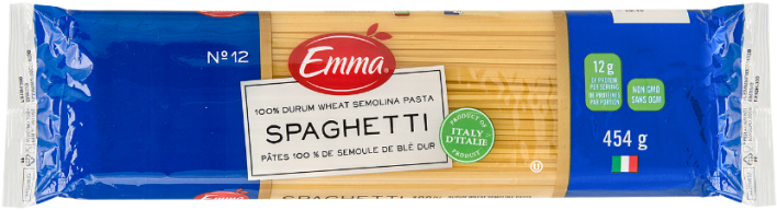 Pasta 桌布 壁紙 — Emma 品牌義大利麵包裝的特寫，顯示藍色和木紋設計及產品詳細資訊。