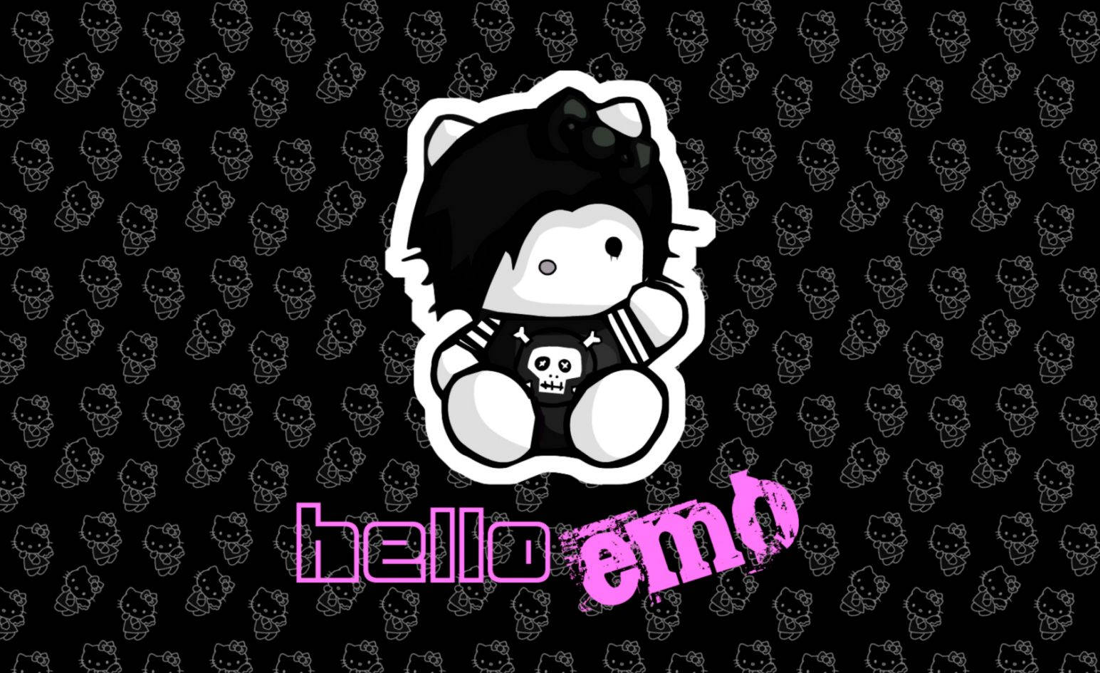 Emo Hello Kitty在圖案背景上抱著骷髏玩偶，有粉紅色文字。 — Hello Kitty 壁紙