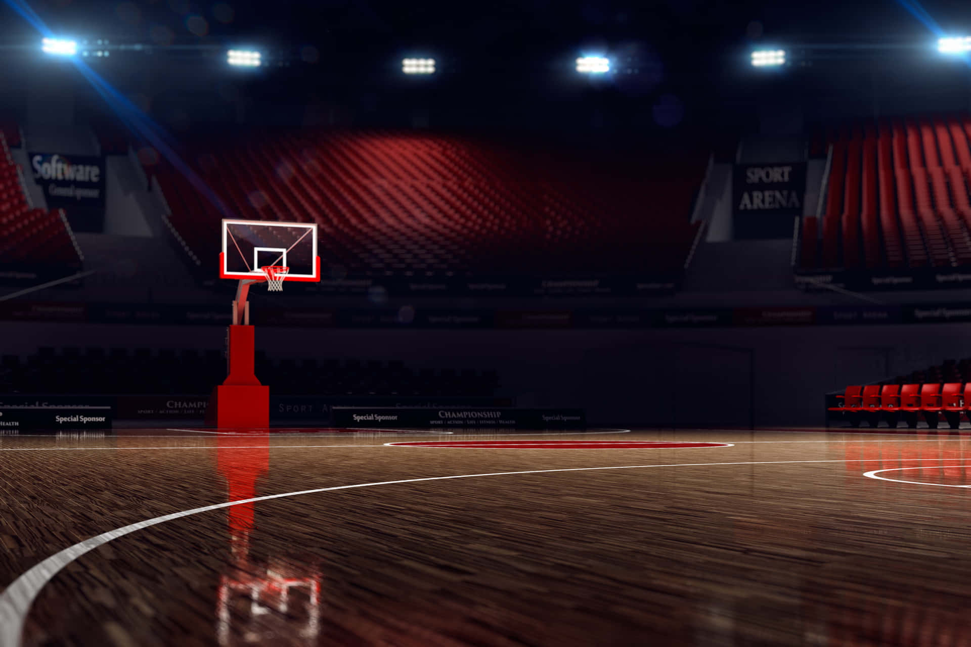 體育館內空蕩蕩的籃球場，配有紅色座位和明亮的聚光燈。 — NBA 壁紙