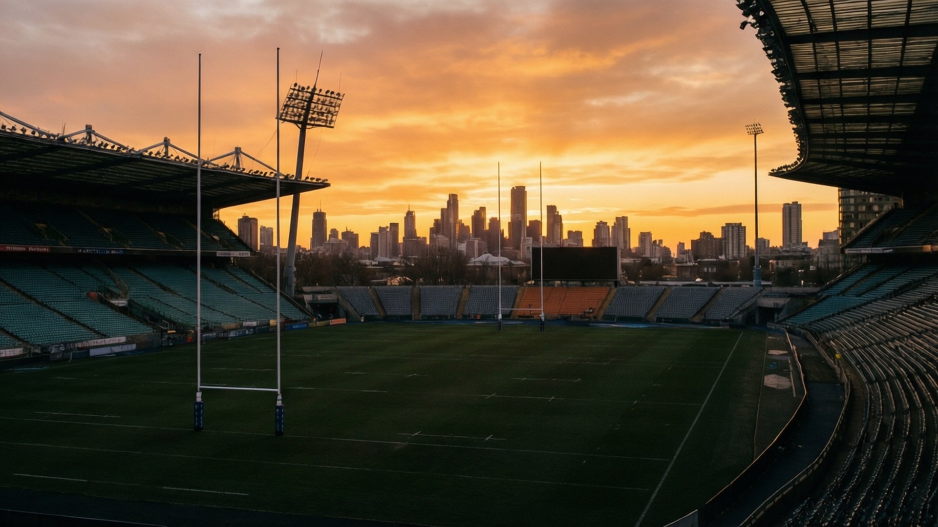 Stadium Sunset Silhouette 壁紙 — 一個空無一人的橄欖球場在日落時分，金色天空和城市天際線作為背景。