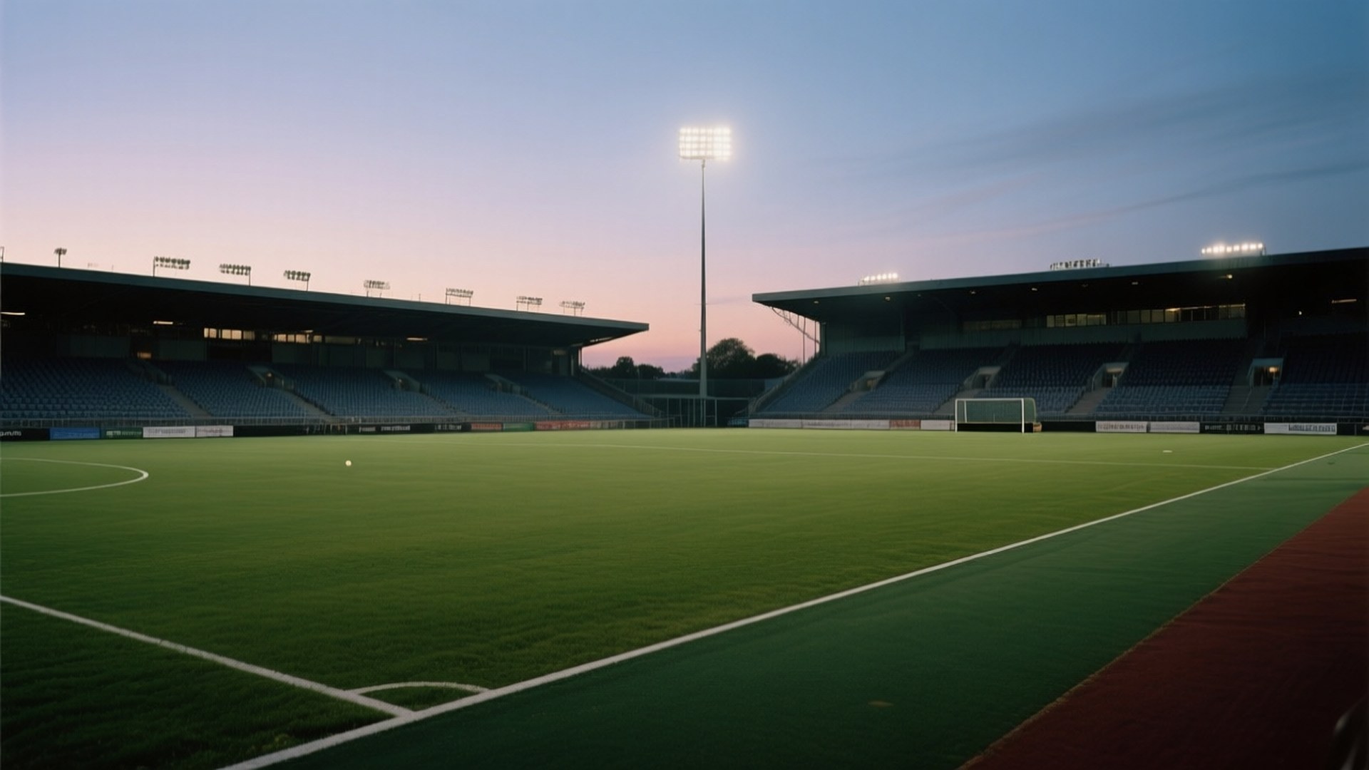 Empty Stadium 壁紙 — 黃昏時分空無一人的足球場，充滿活力的綠色草坪、白色線條，以及一個在觀眾席上方發光的泛光燈。