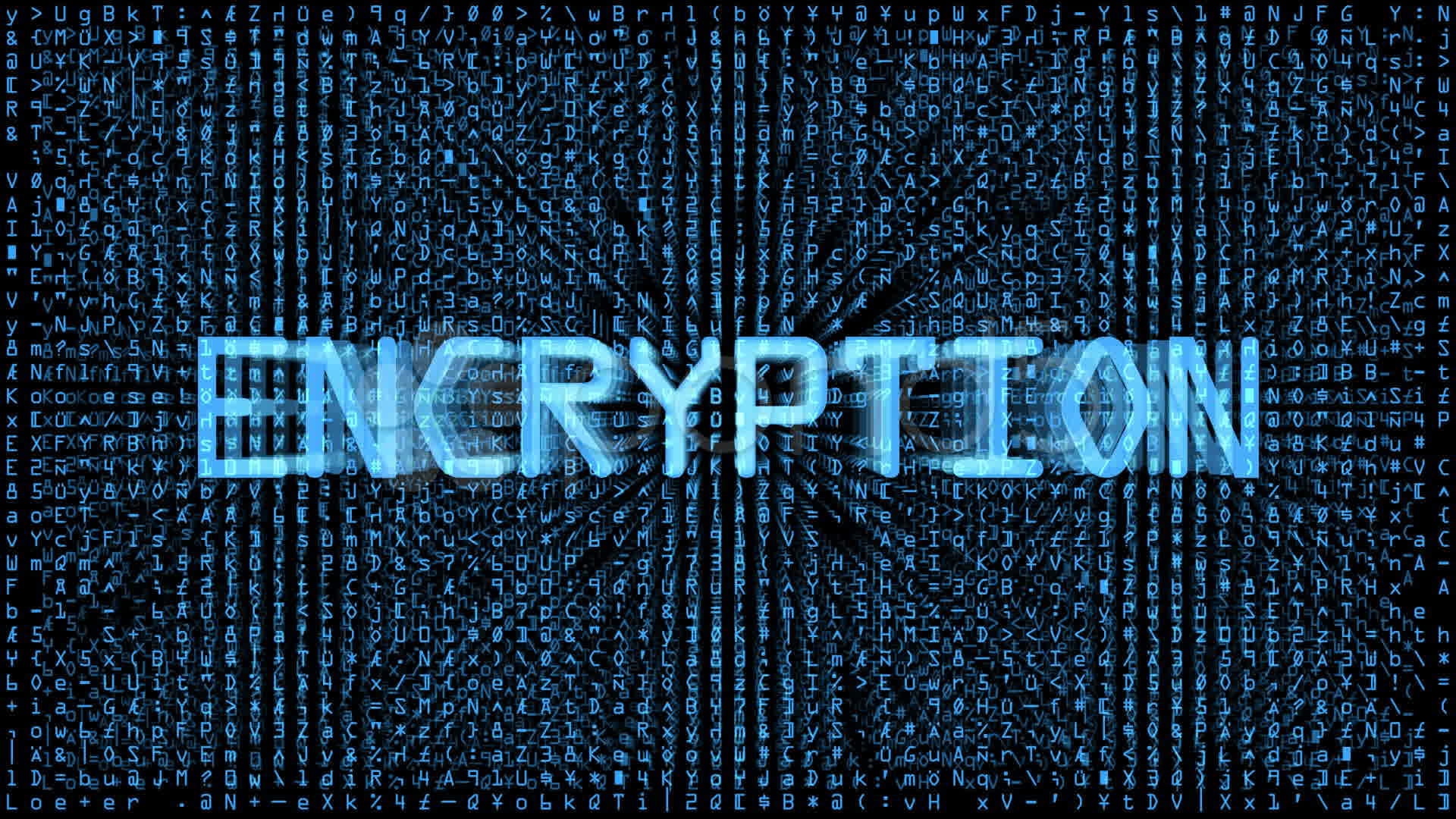 Dark Web 桌布 壁紙 — 「encryption」一詞在藍色霓虹燈下，對著一串串傾瀉而下的數位程式碼矩陣發光。