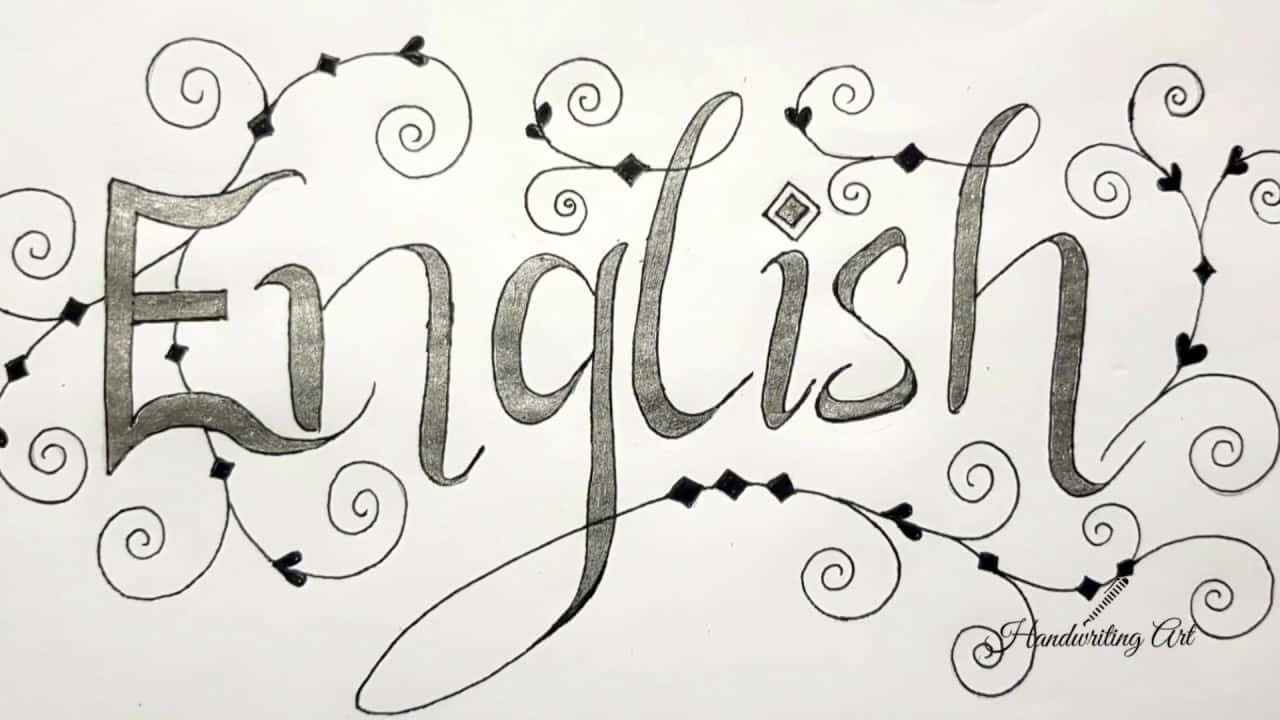 Typography 桌布 壁紙 — 「English」這個詞以優雅的書法書寫，周圍環繞著旋轉的藤蔓和心形裝飾。