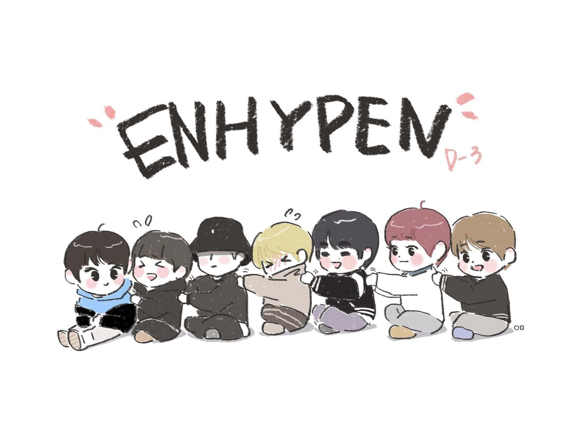 Enhypen Laptop 桌布 壁紙 — ENHYPEN 七位成員以可愛Q版風格插圖，排排坐，表情調皮，身穿休閒服裝。