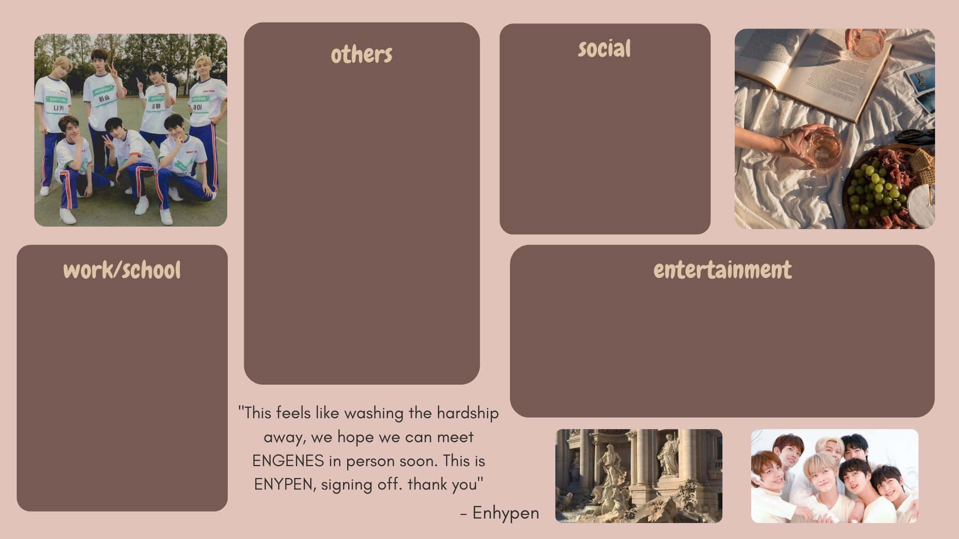 Enhypen Laptop 桌布 壁紙 — Enhypen 照片的拼貼，場景包括運動場和舒適的野餐場景。