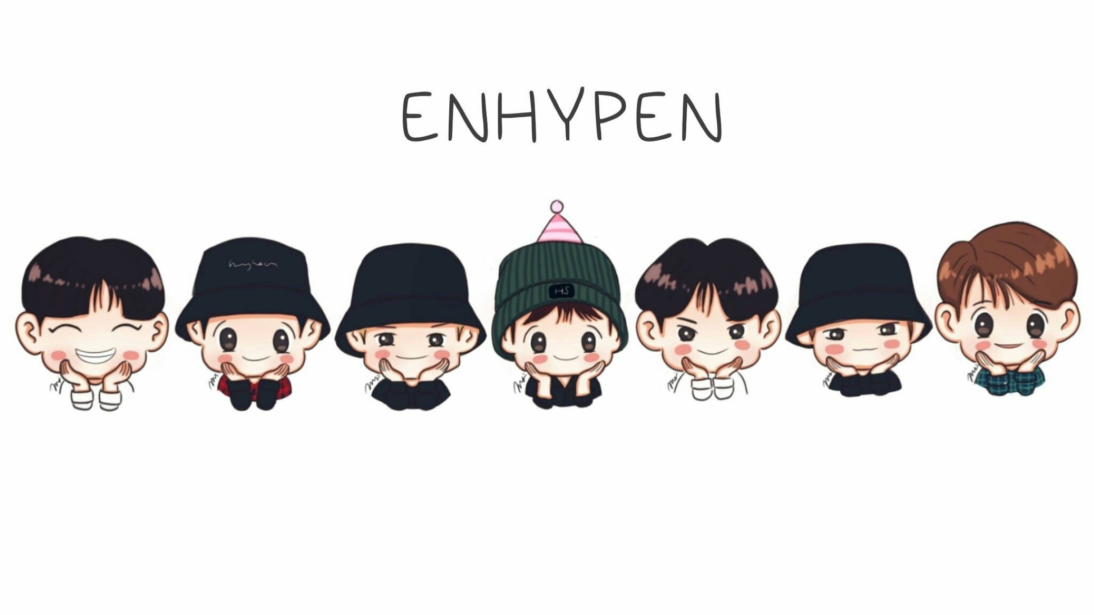 ENHYPEN 桌布 壁紙 — ENHYPEN 的七個 Q 版卡通成員在純白色背景前微笑並排成一排擺姿勢。