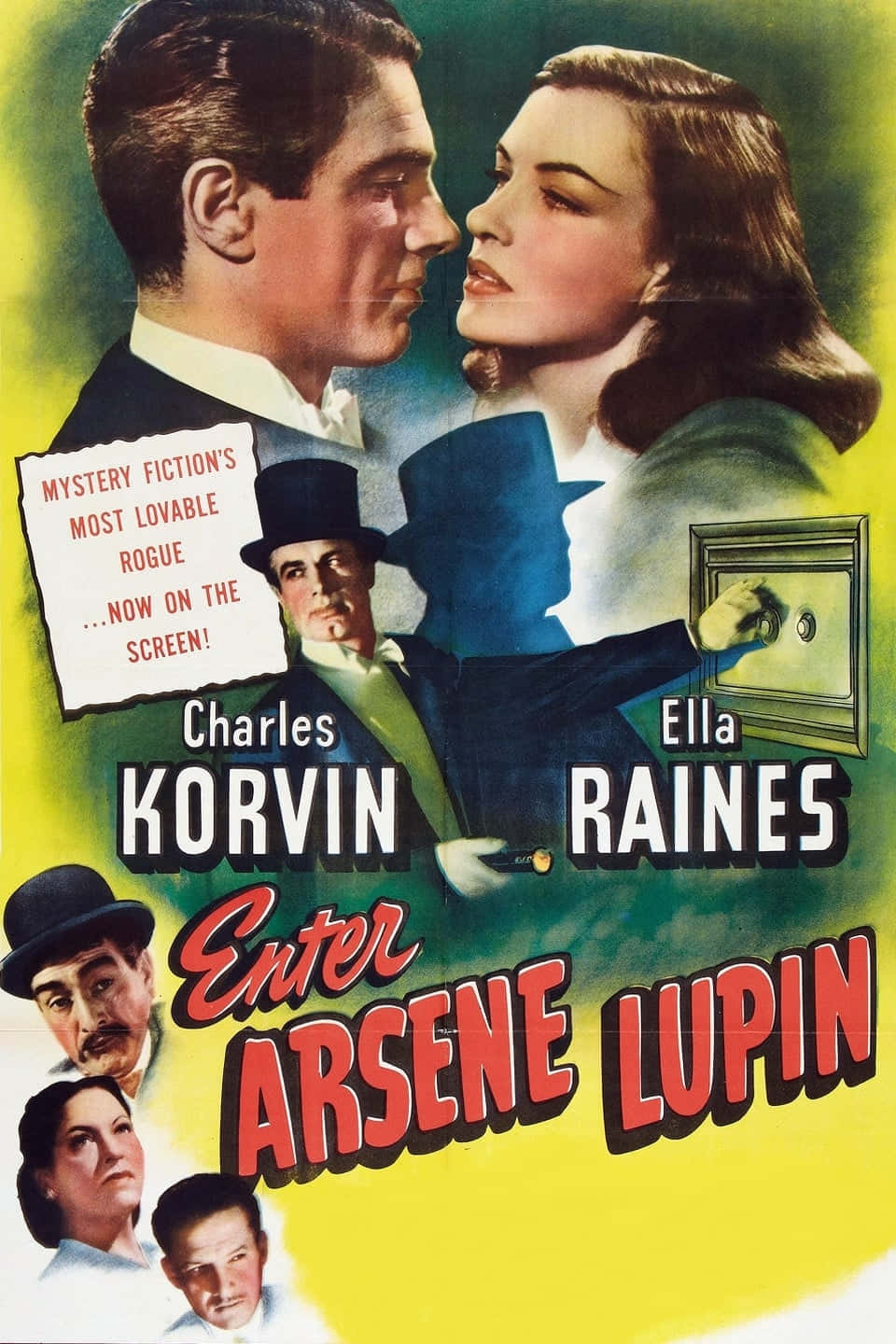 Arsène Lupin 桌布 壁紙 — 《Enter Arsene Lupin》的復古電影海報，以戲劇化的風格插圖展示浪漫情侶和小偷。