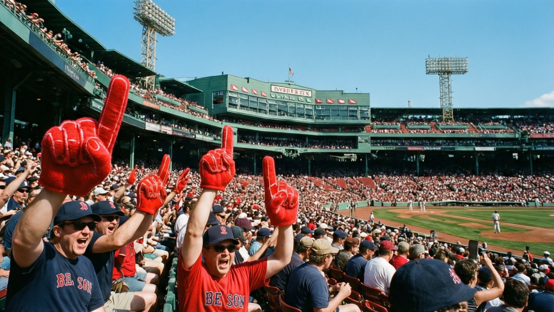 Boston Red Sox 桌布 壁紙 — 熱情的棒球迷戴著紅色泡棉手指，在陽光明媚的體育場中從擠滿的看台上歡呼。