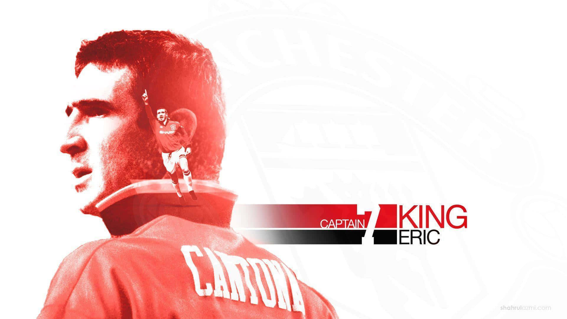 紅色動圖 桌布 壁紙 — Eric Cantona 的醒目紅白圖形肖像，帶有他的名字和 'Captain King' 文字疊加。
