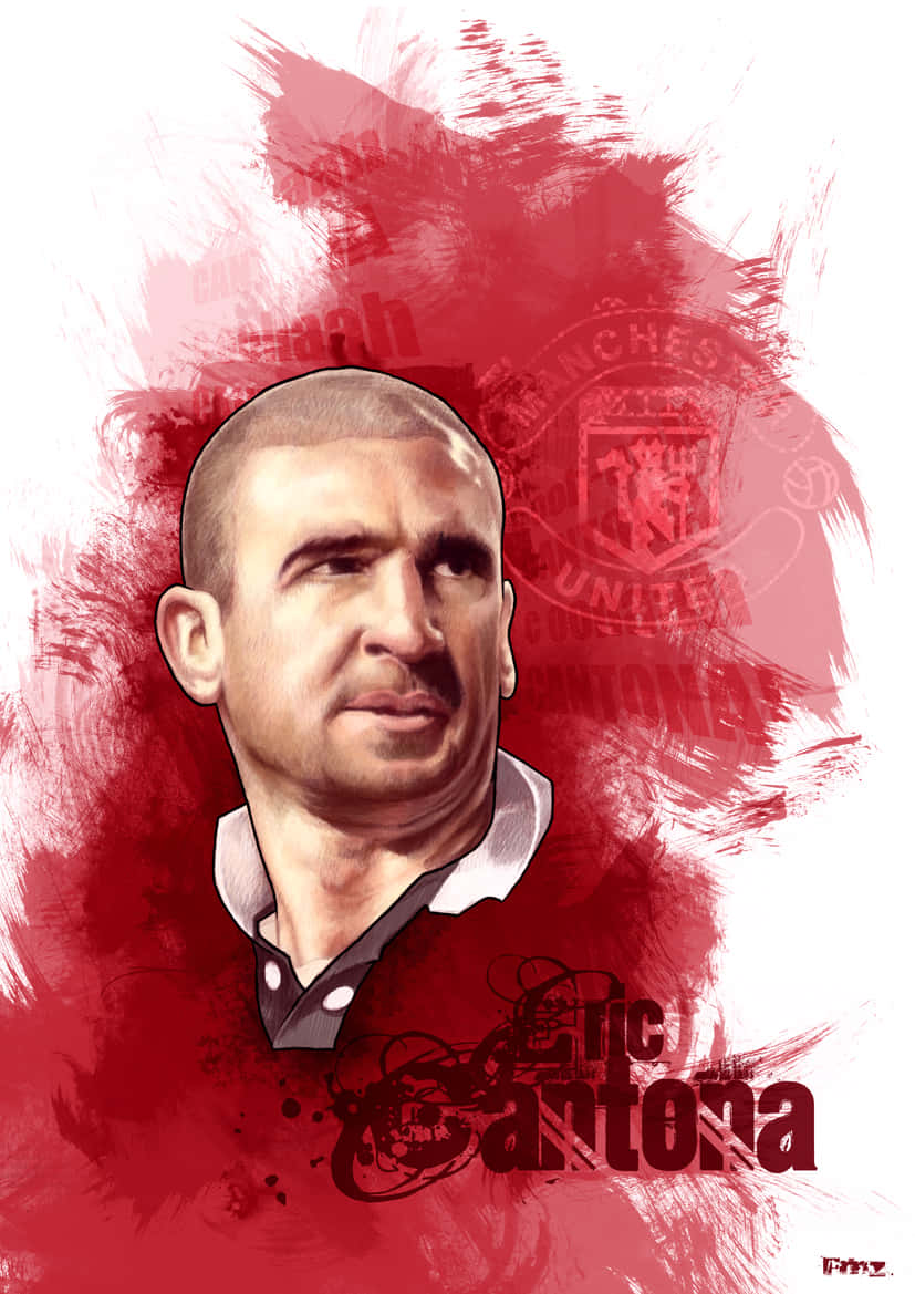 足球 桌布 壁紙 — Eric Cantona 的風格化肖像，背景為鮮紅色筆觸，帶有曼聯會徽和文字。