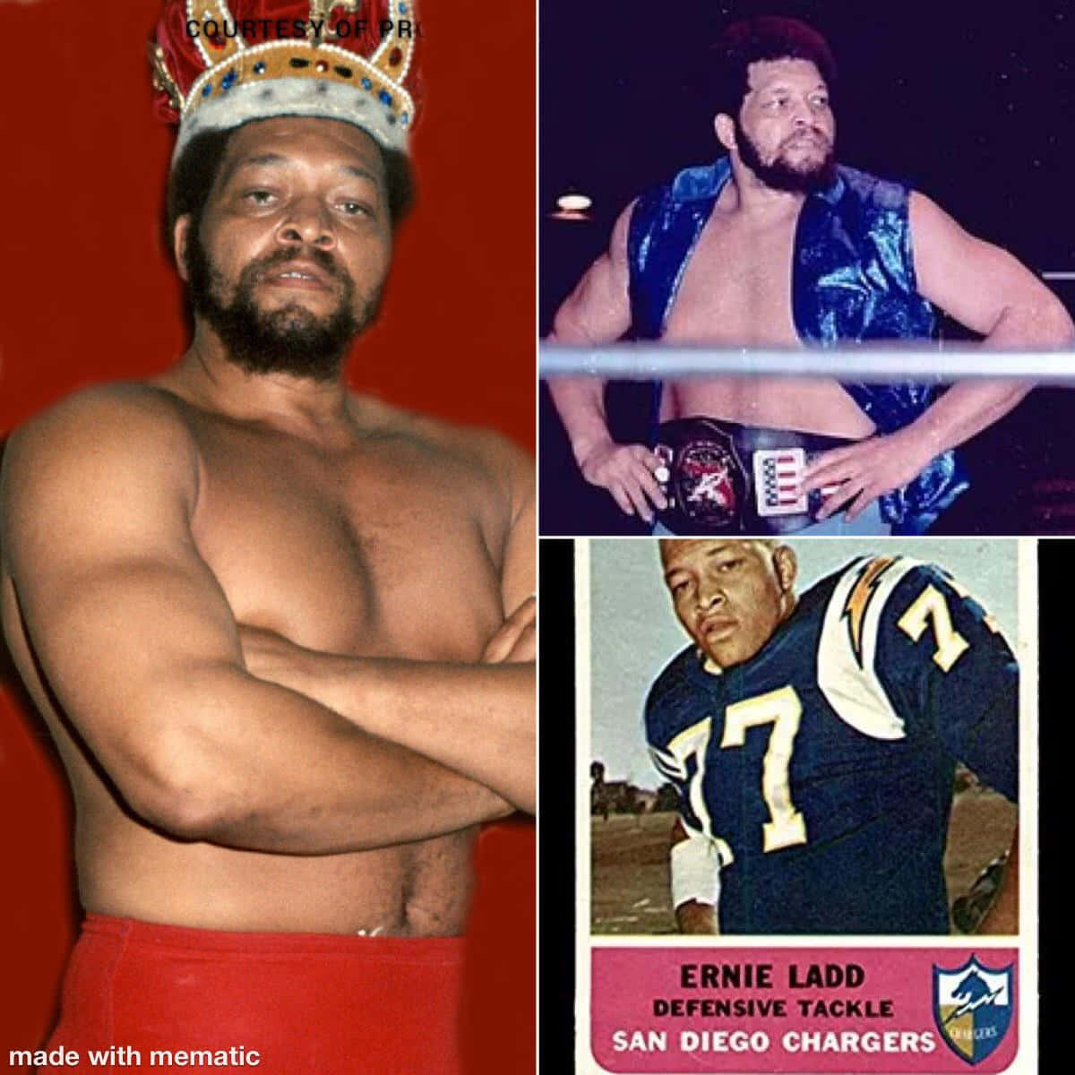 摔角 桌布 壁紙 — Ernie Ladd 的三聯畫：加冕摔角手、擂台上的冠軍摔角手，以及身穿電光隊球衣的足球員。