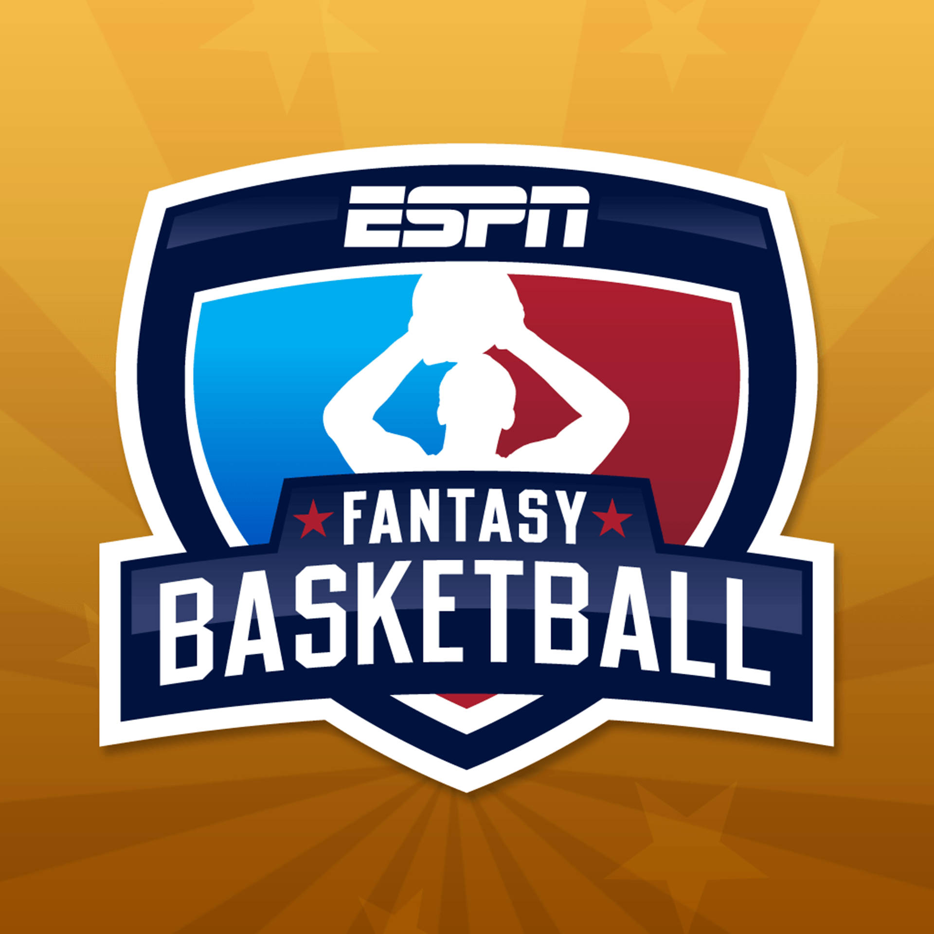 Espn 桌布 壁紙 — ESPN Fantasy Basketball 標誌，白色球員剪影在藍紅背景上投籃，金色星爆漸變。