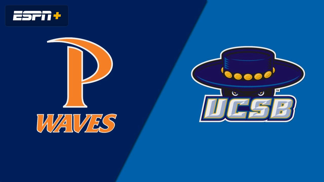 加州 桌布 壁紙 — ESPN+ 圖形顯示橙色 Waves 標誌對比 UCSB Gauchos 吉祥物在藍色分割背景上。