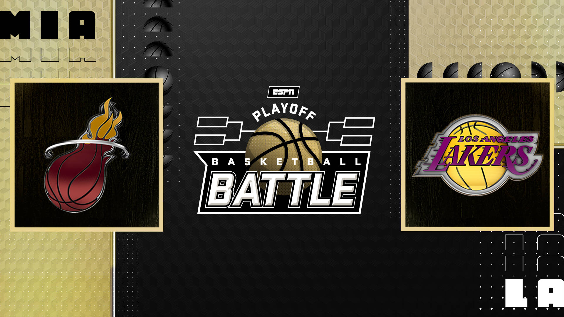 finals 桌布 壁紙 — ESPN 季後賽籃球對戰圖，帶有邁阿密熱火和洛杉磯湖人標誌，背景為紋理黑色和金色。