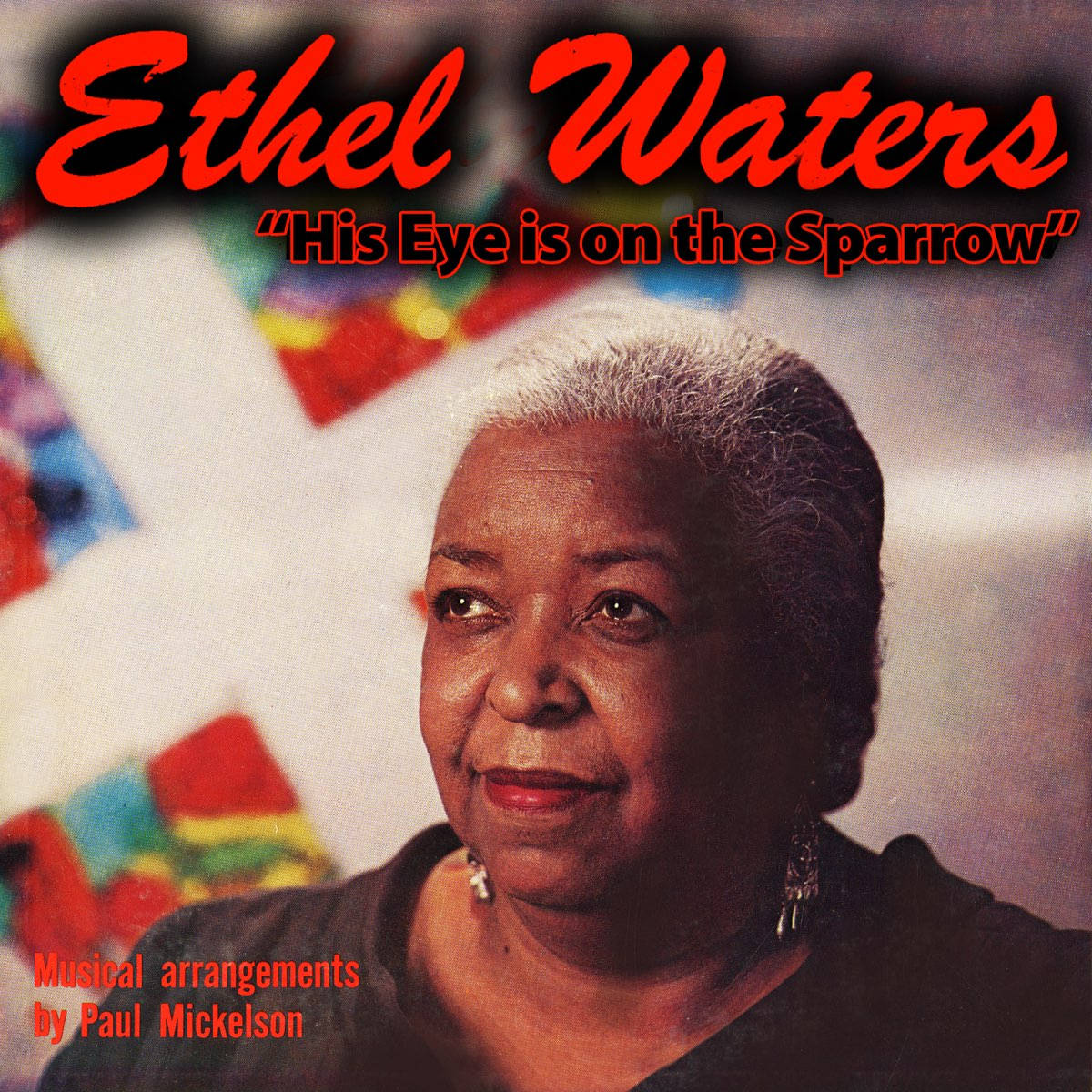 Album Cover 桌布 壁紙 — Ethel Waters 溫柔地向上凝視，背景為色彩繽紛的抽象圖案，並帶有粗體紅色文字疊加。