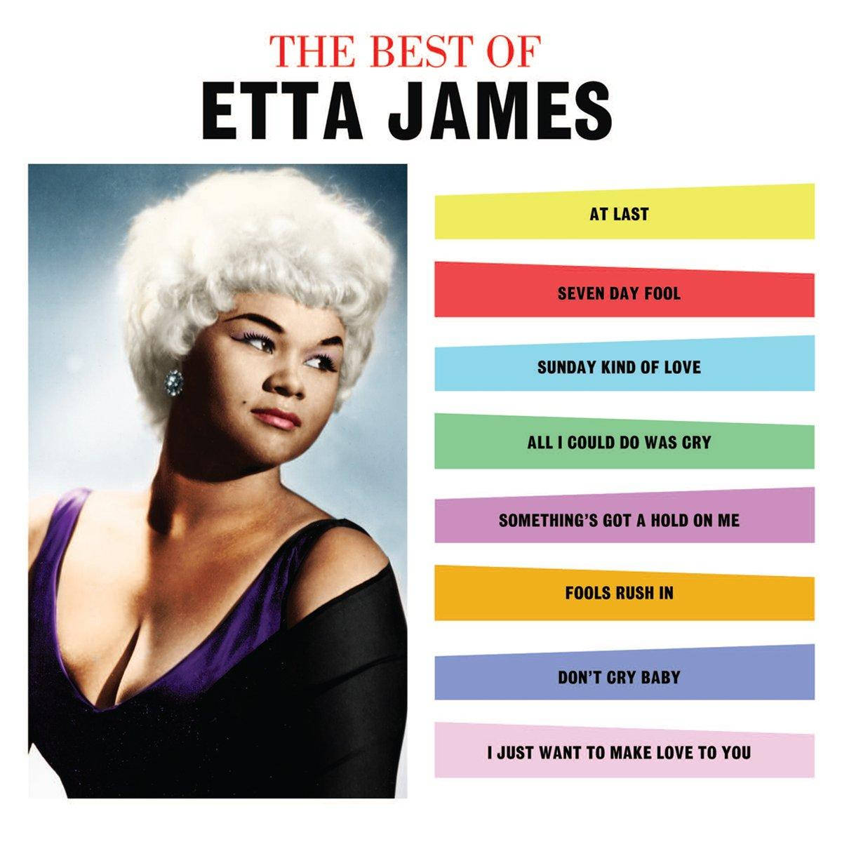 poster 桌布 壁紙 — Etta James 的迷人肖像，戴著白色假髮，穿著紫色連衣裙，旁邊是白色背景上的彩色歌曲標題。