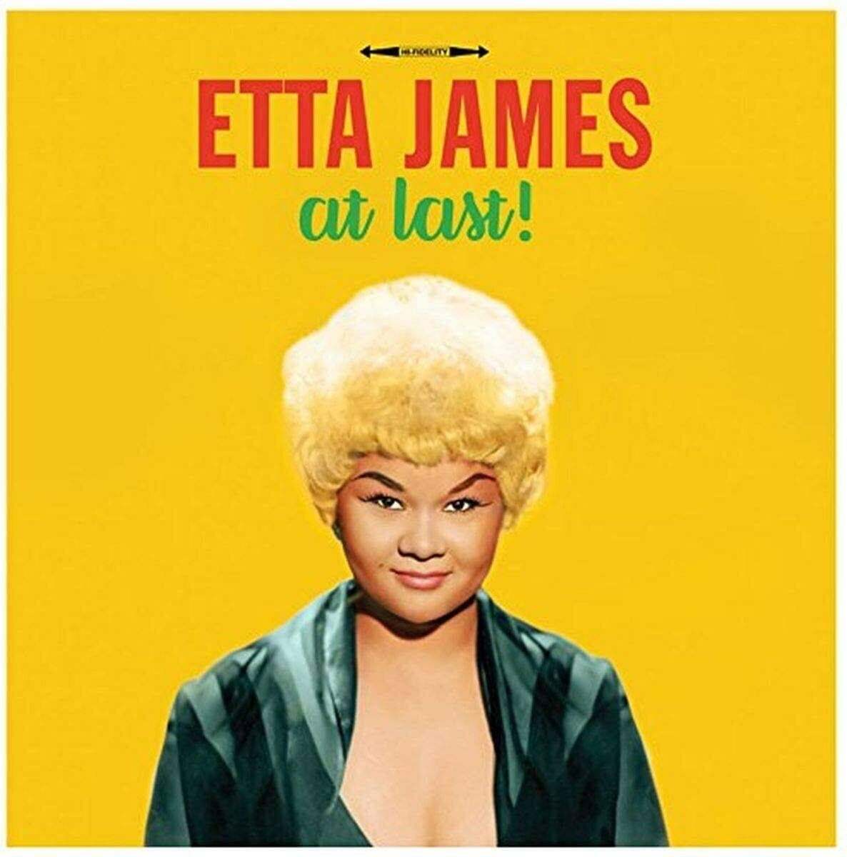poster 桌布 壁紙 — Etta James 金色蜂窩頭和深色緞面上衣，背景為亮黃色，帶有紅色和綠色文字。