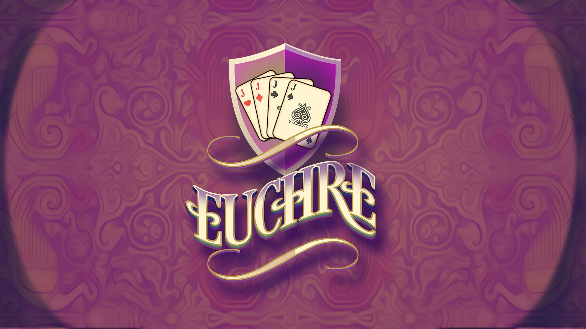 Playing Cards 桌布 壁紙 — Euchre 標誌，盾牌內有四個傑克，背景為旋轉紫色圖案。