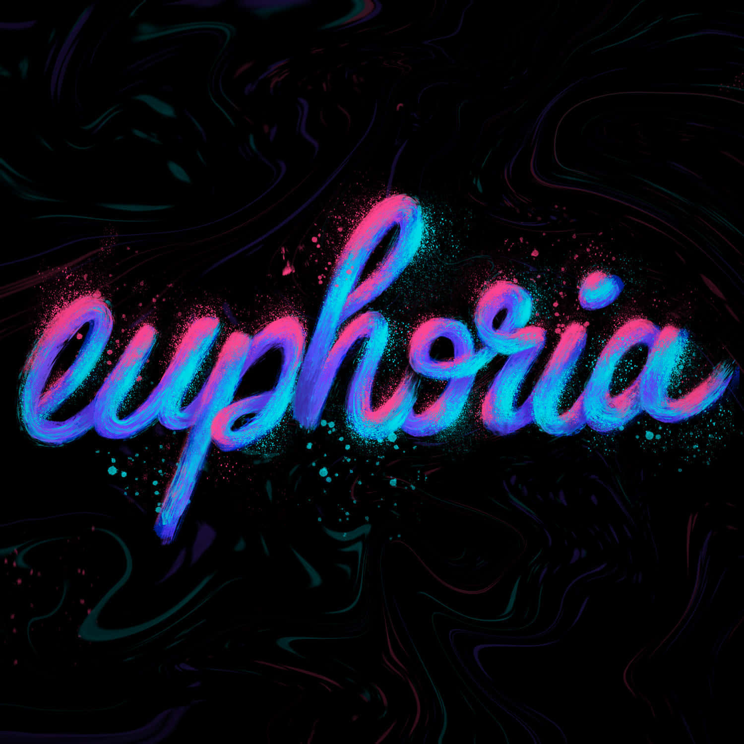 愉悅 桌布 壁紙 — 「euphoria」一詞在閃爍粒子旋轉的深色背景上，以鮮豔的螢光粉紅和藍色發光。