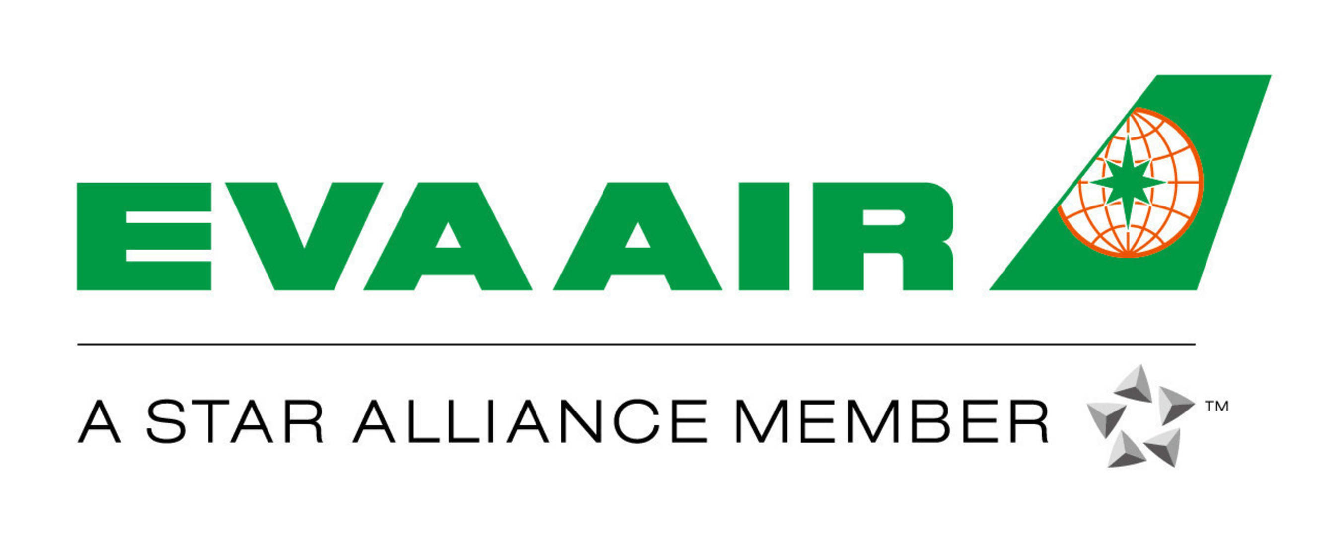 Airport 桌布 壁紙 — EVA AIR 標誌以粗體綠色文字呈現，帶有地球標誌和星空聯盟會員標語，背景為白色。