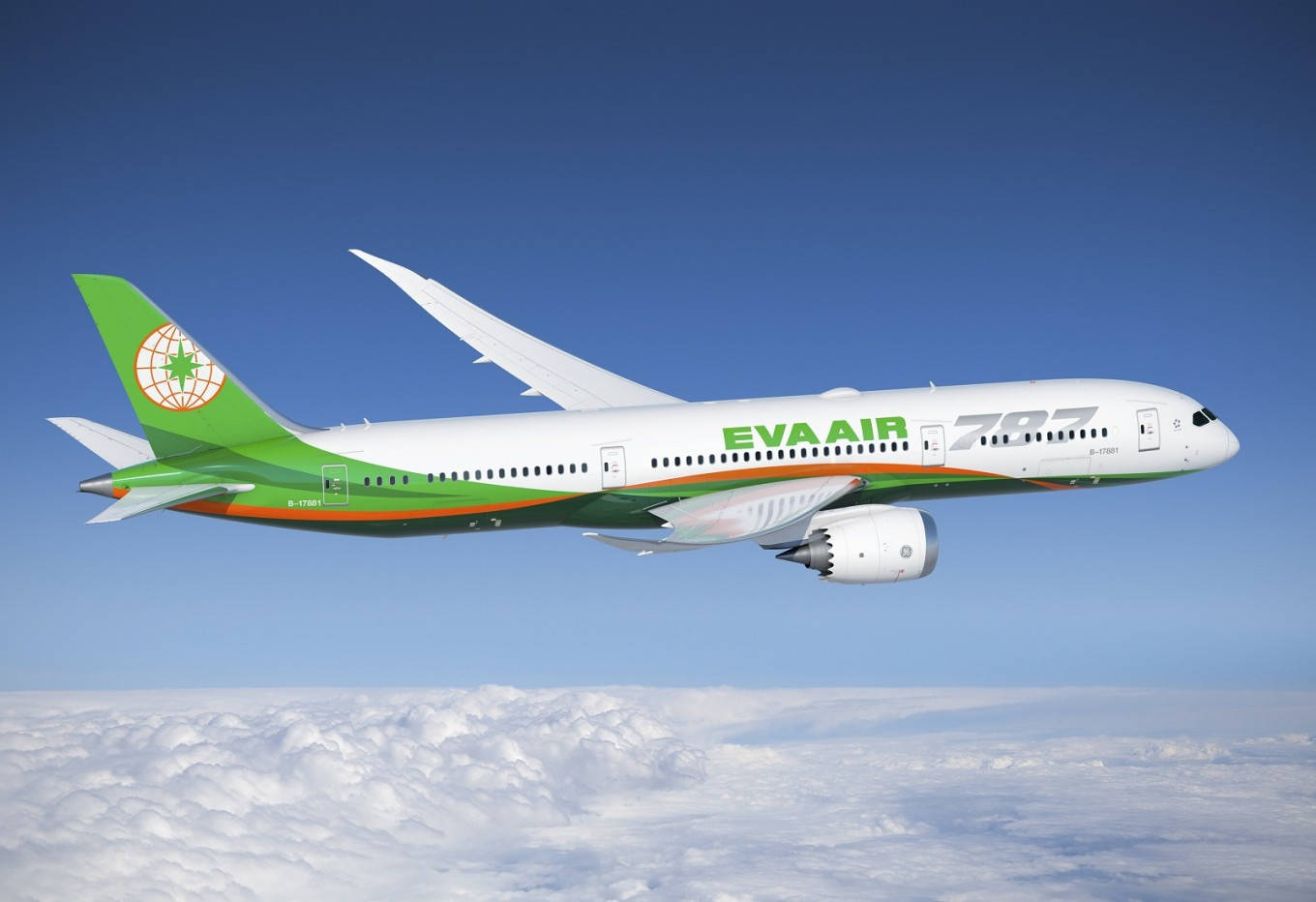 transportation 桌布 壁紙 — EVA AIR 波音787在晴朗的藍天下，優雅地翱翔於蓬鬆的白雲之上。