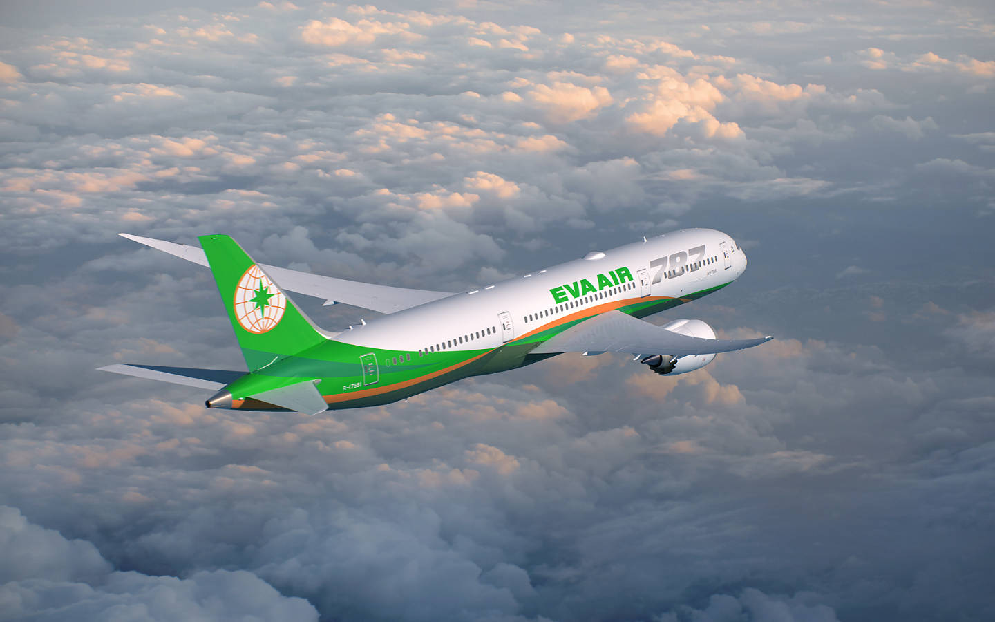 Airport 桌布 壁紙 — EVA Air 波音787在金色夕陽照耀下的蓬鬆雲層上方滑翔。