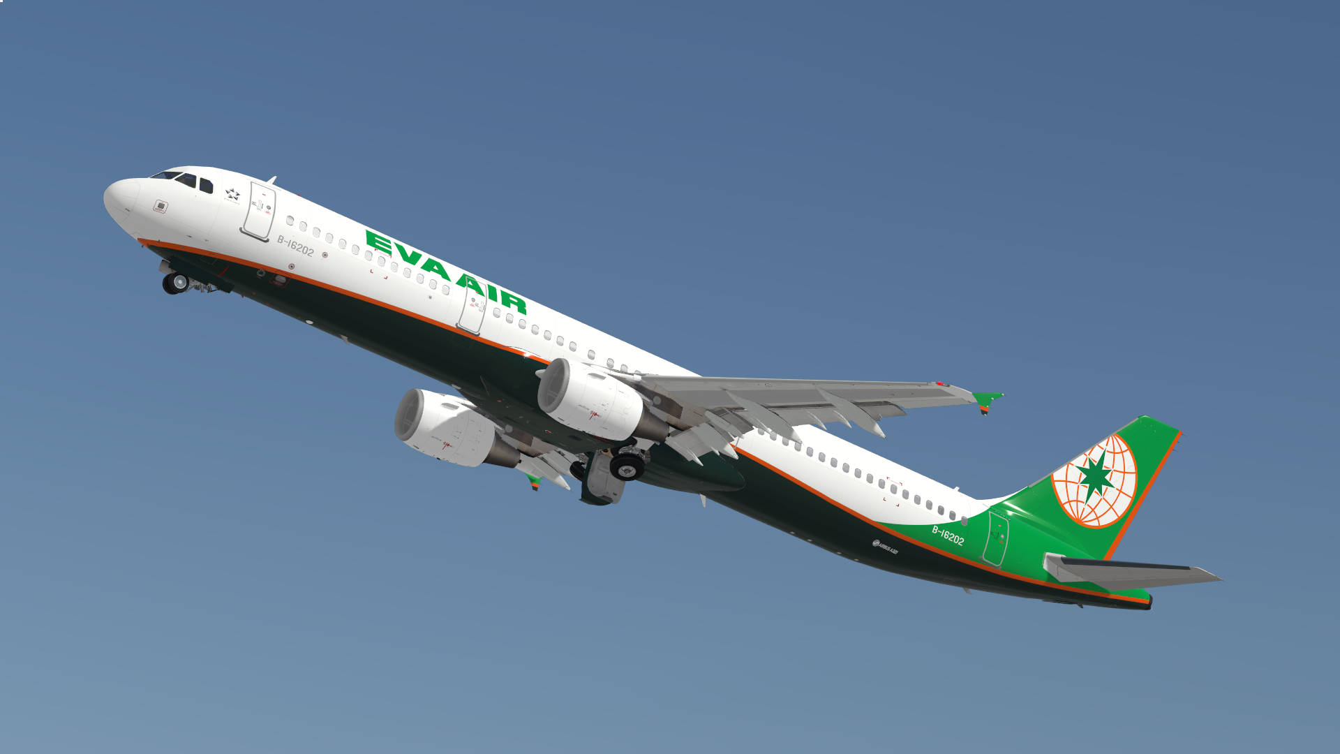 桌布 壁紙 — EVA Air 空中巴士 A330 在晴朗藍天中翱翔，起落架放下，對著無雲的地平線。